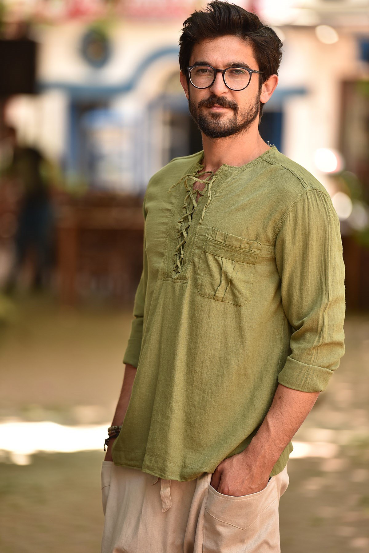 Yeşil Yakası Bağcıklı Bohem Erkek Gömlek