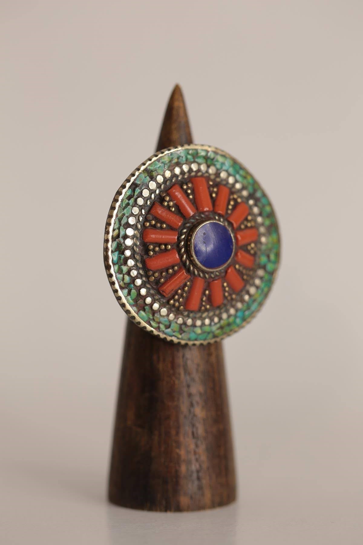 Manadala Desen Turkuaz Mercan Lapis Yüzük - Şaman Butik Manadala Desen Turkuaz Mercan Lapis Yüzük