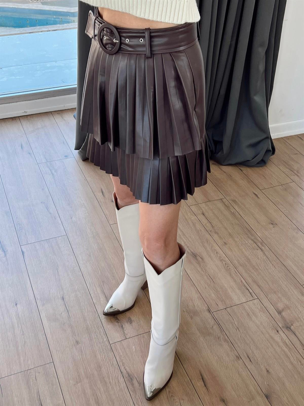 02313674 PLİSELİ DERİ ETEK KAHVE