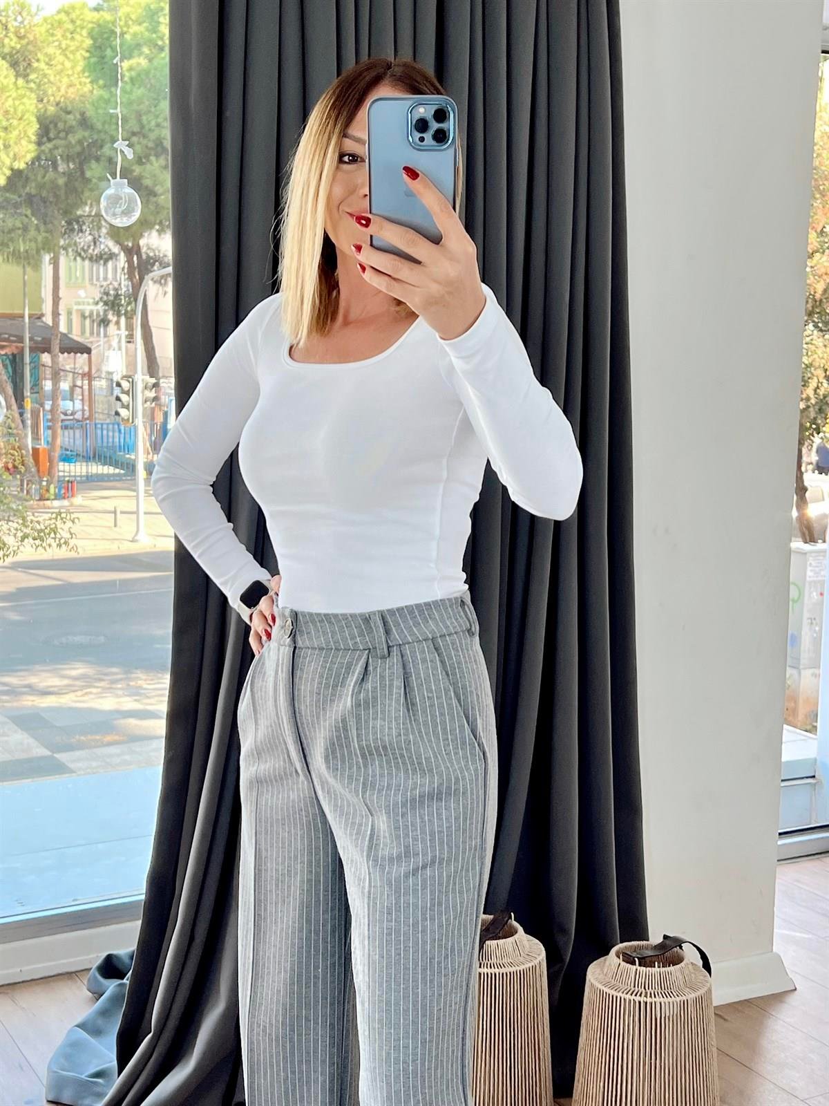 02313724 ÇİZGİLİ ÖRME PANTOLON GRİ