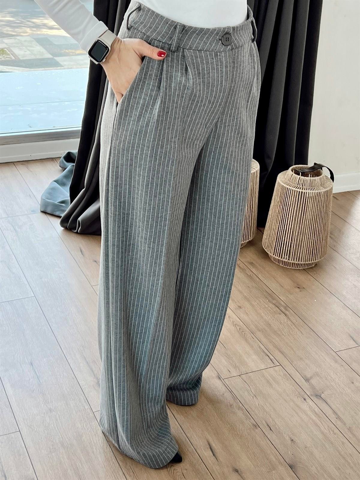 02313724 ÇİZGİLİ ÖRME PANTOLON GRİ
