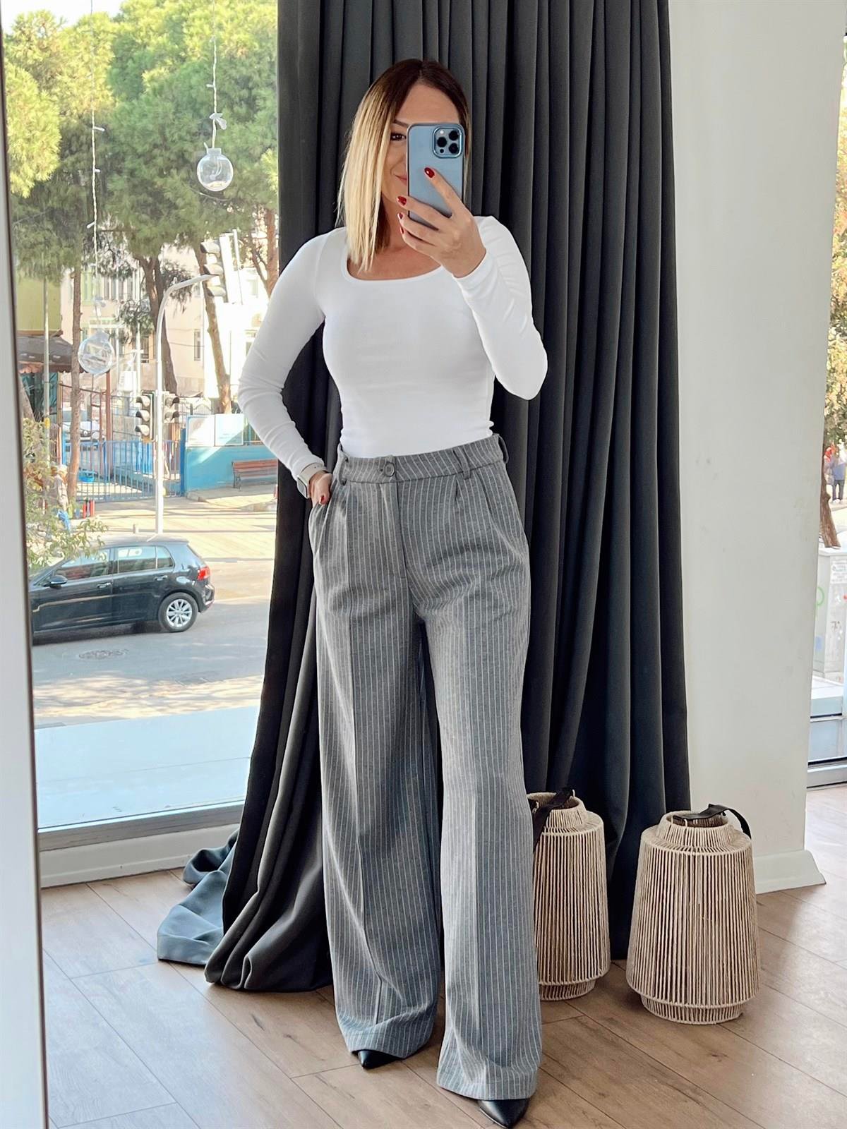 02313724 ÇİZGİLİ ÖRME PANTOLON GRİ