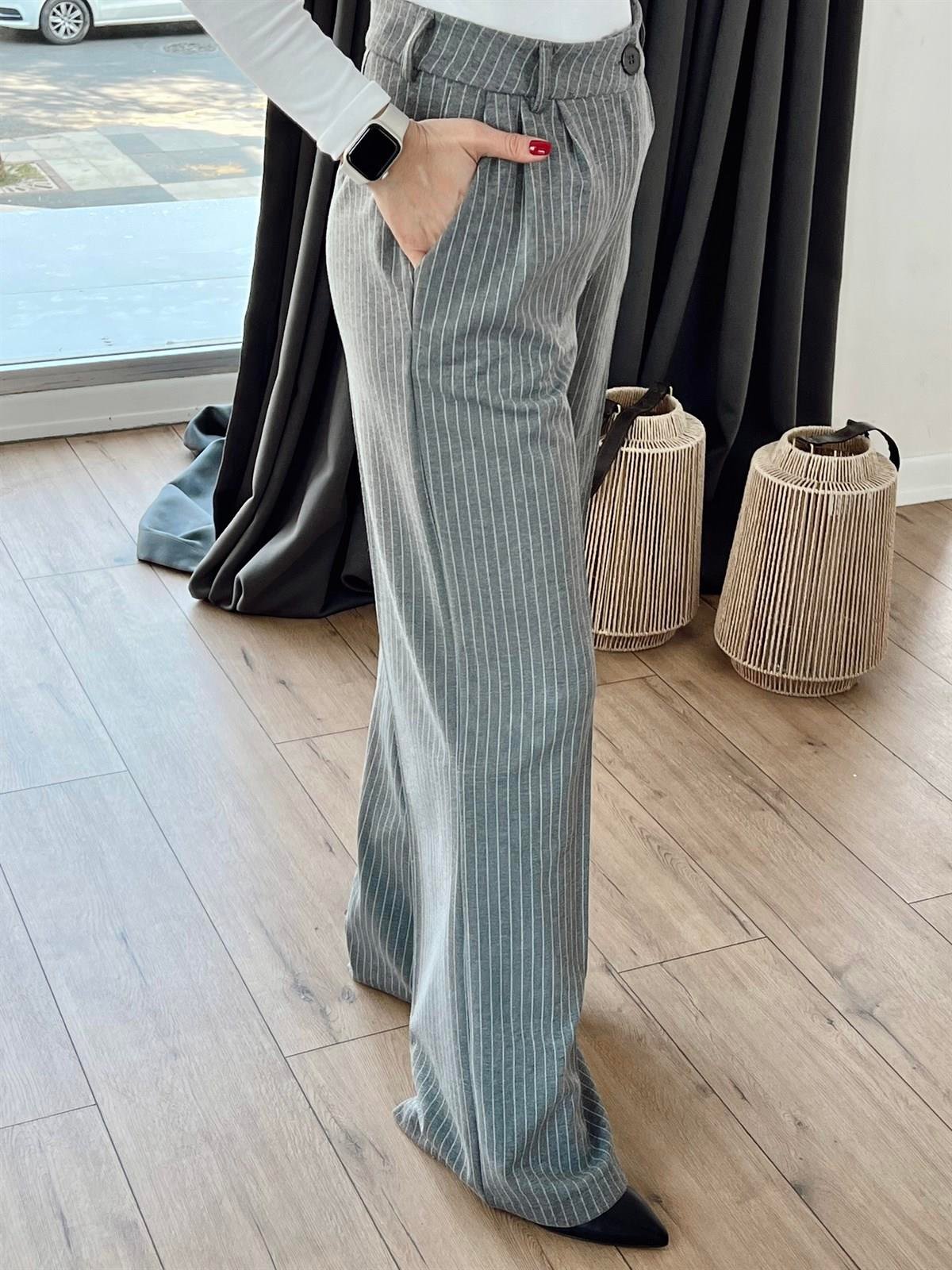 02313724 ÇİZGİLİ ÖRME PANTOLON GRİ
