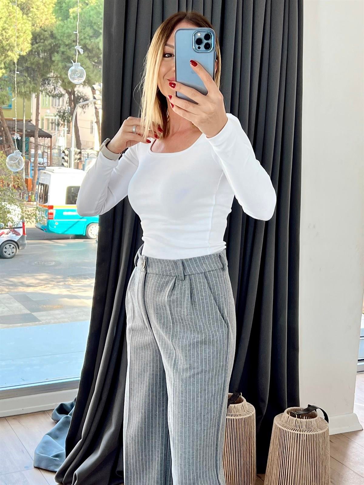 02313724 ÇİZGİLİ ÖRME PANTOLON GRİ