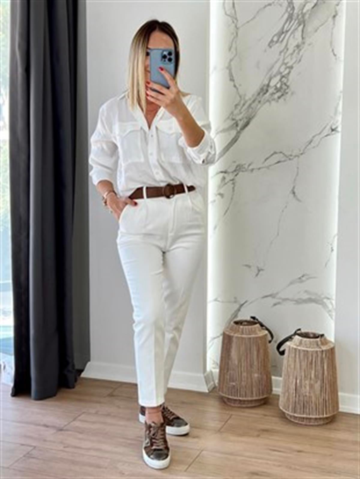21K70755 BELİ KEMERLİ PANTOLON BEYAZ