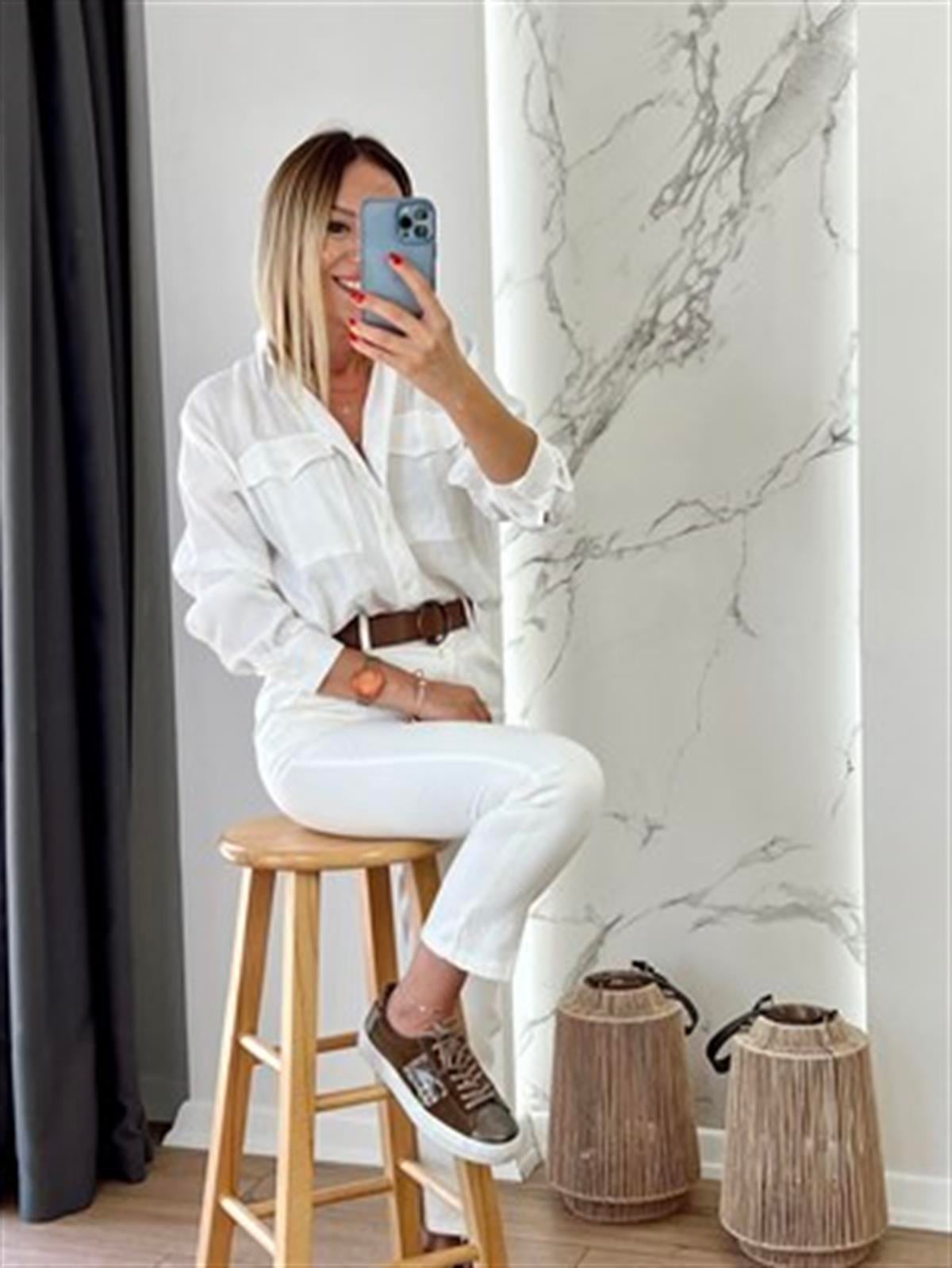 21K70755 BELİ KEMERLİ PANTOLON BEYAZ