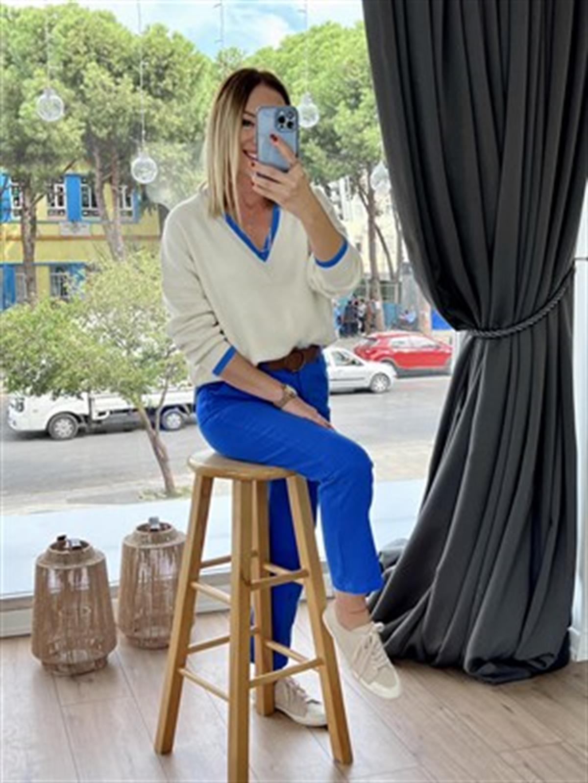 21K70755 BELİ KEMERLİ PANTOLON SAKS