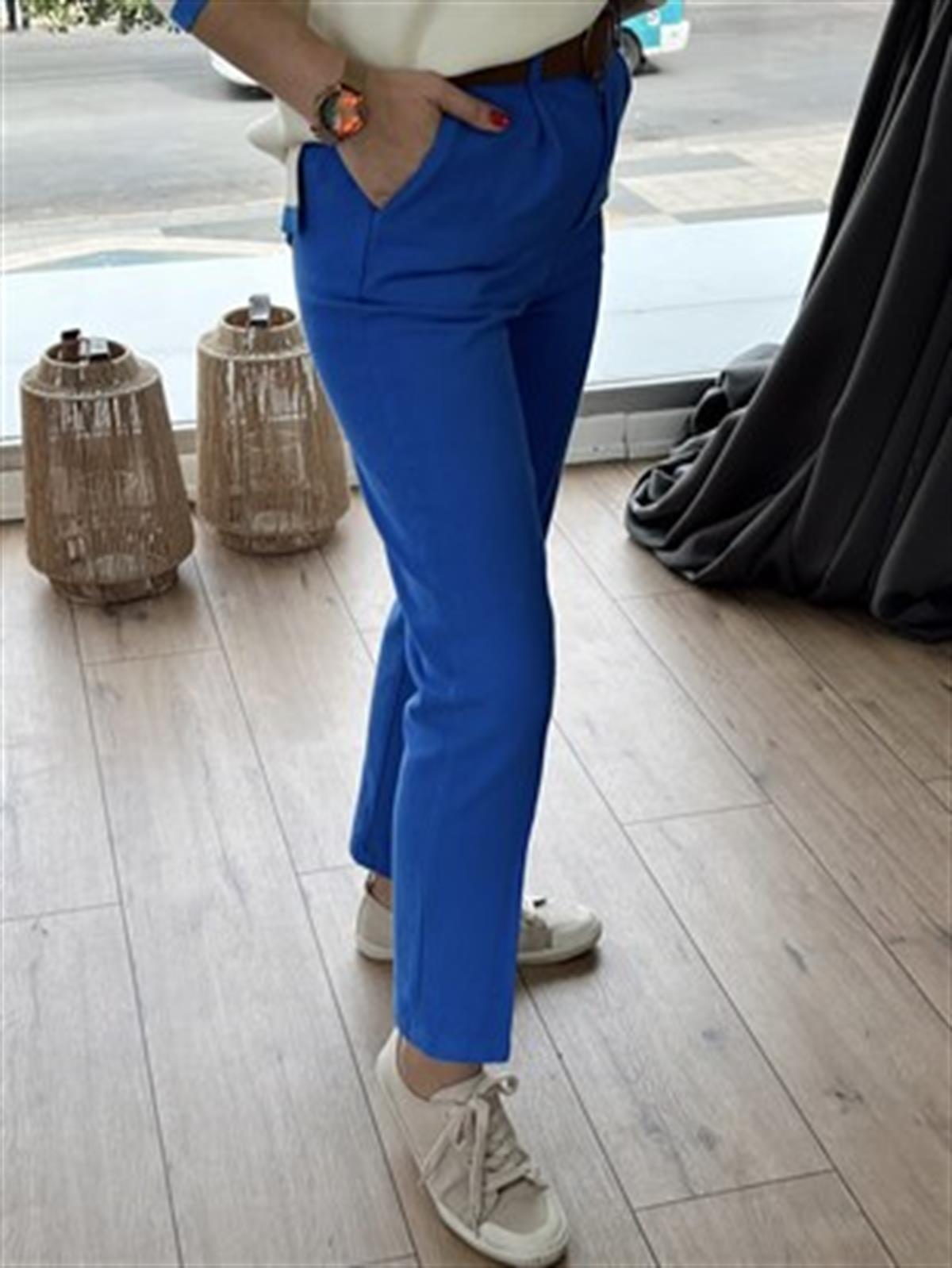 21K70755 BELİ KEMERLİ PANTOLON SAKS