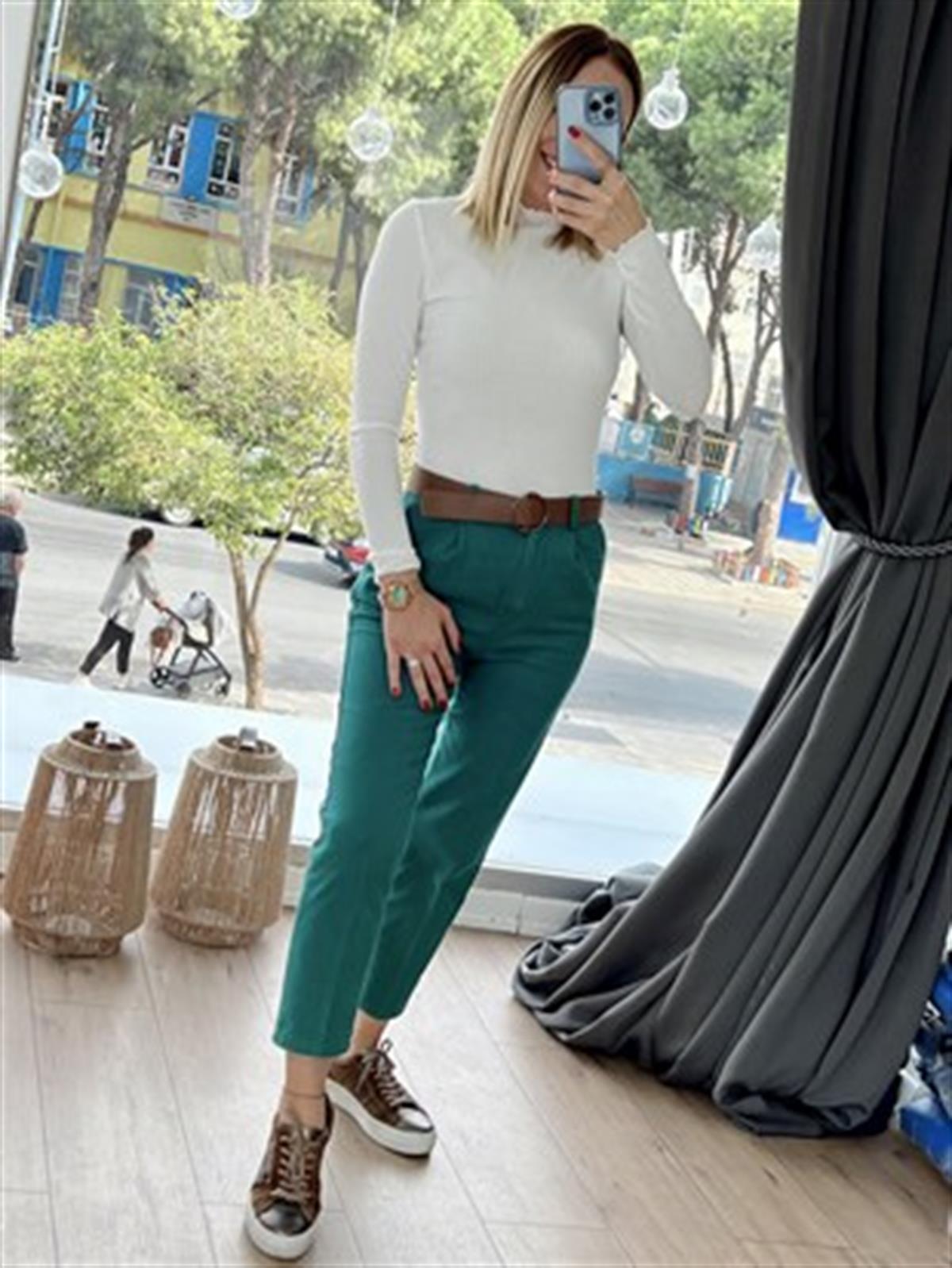 21K70755 BELİ KEMERLİ PANTOLON YEŞİL