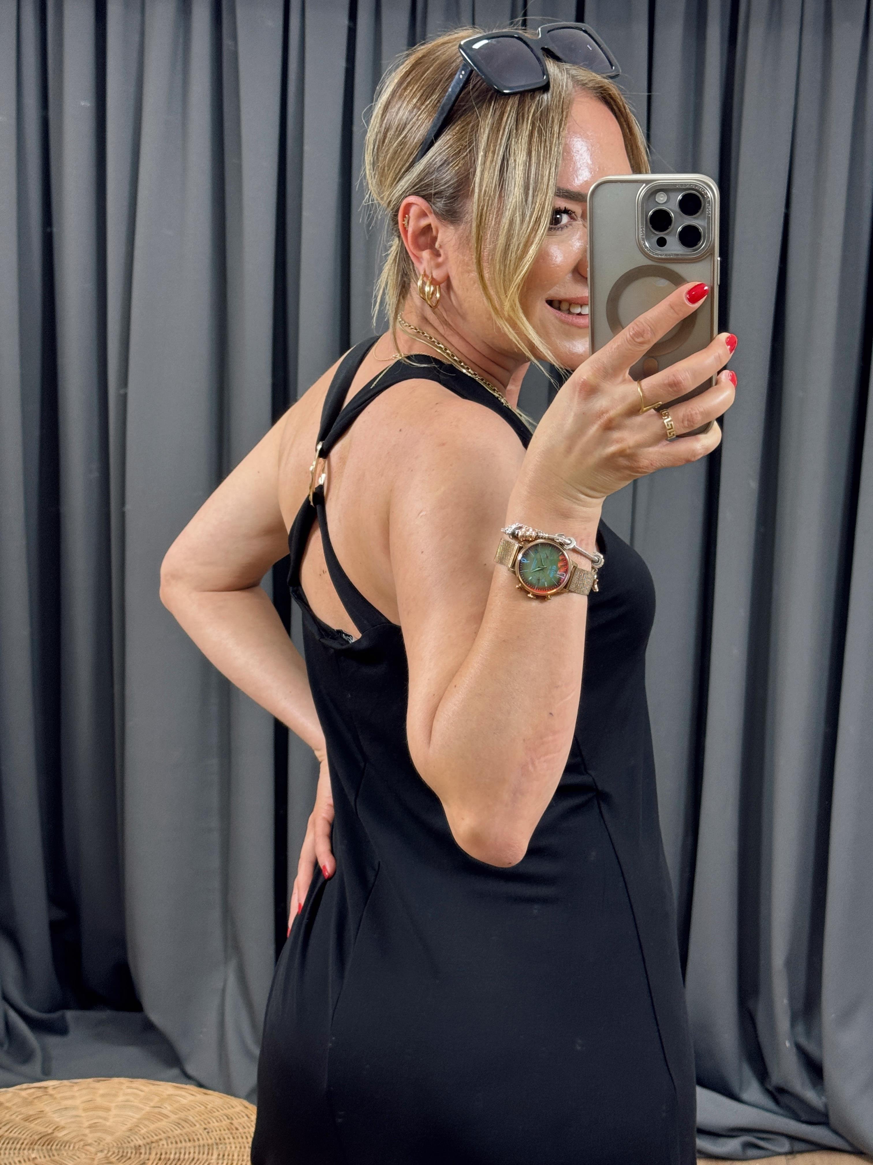 Arkası Tokalı Örme Elbise SİYAH