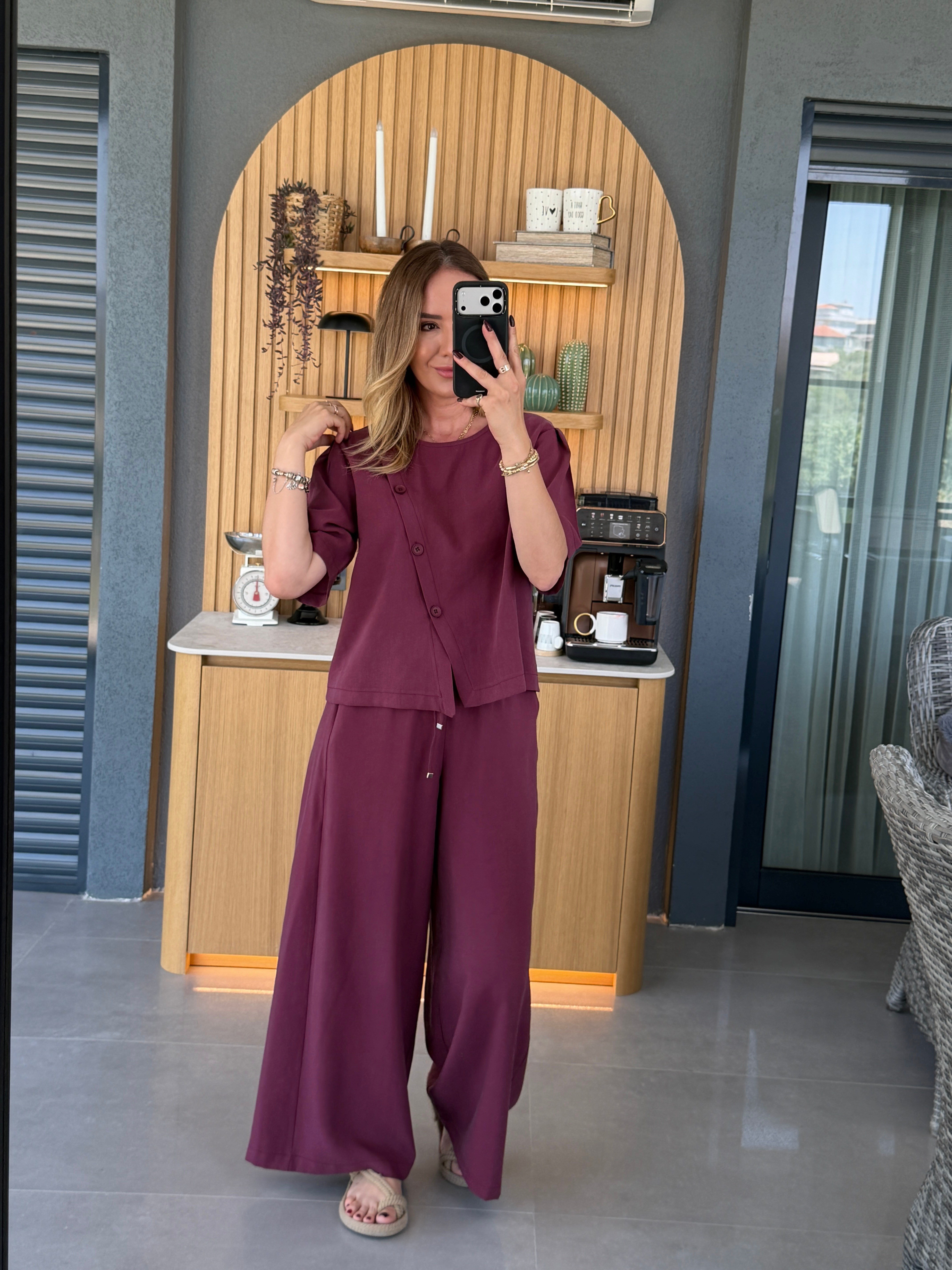 Asimetrik Düğme Detaylı İkili Takım BORDO