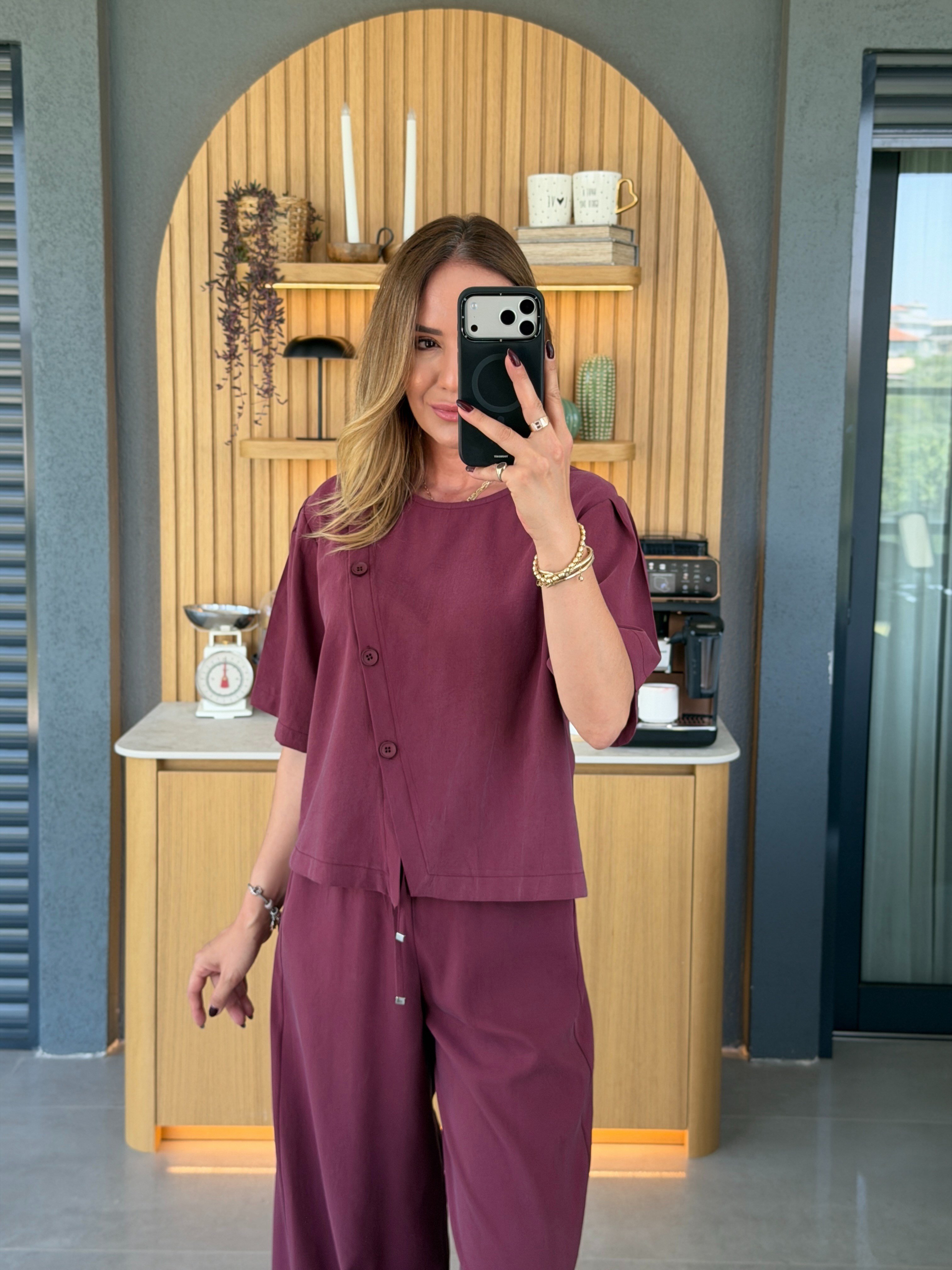 Asimetrik Düğme Detaylı İkili Takım BORDO