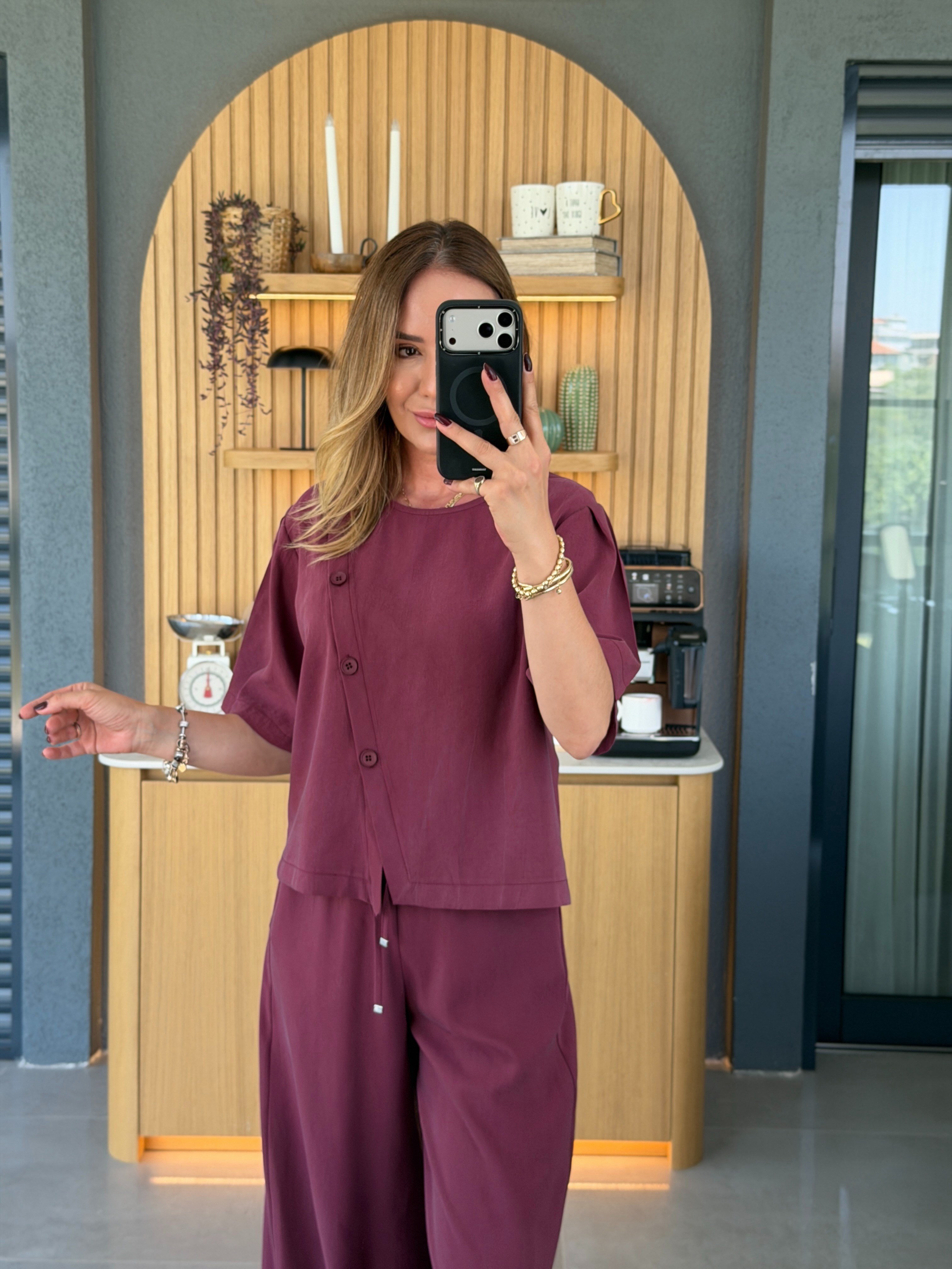 Asimetrik Düğme Detaylı İkili Takım BORDO