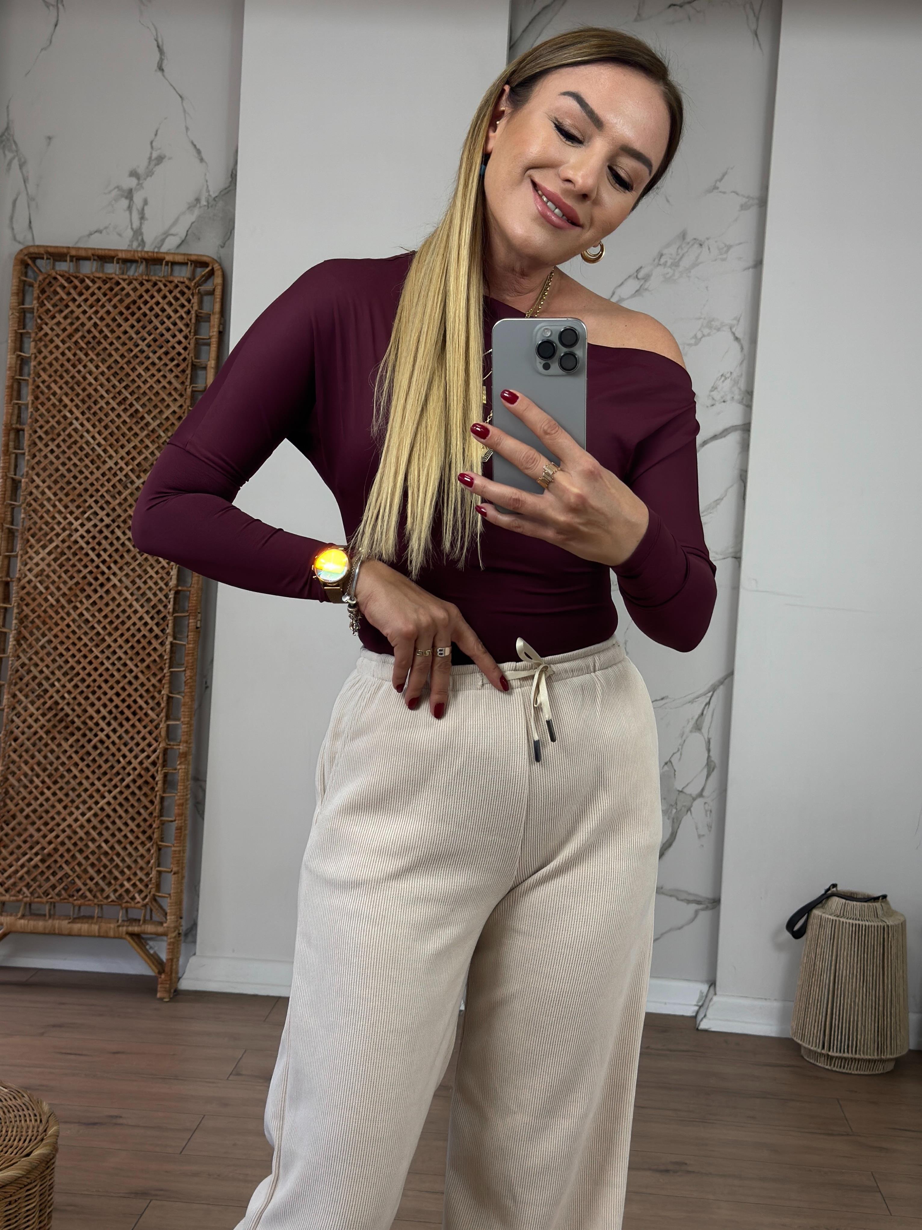 Asimetrik Uzun Kollu Body BORDO