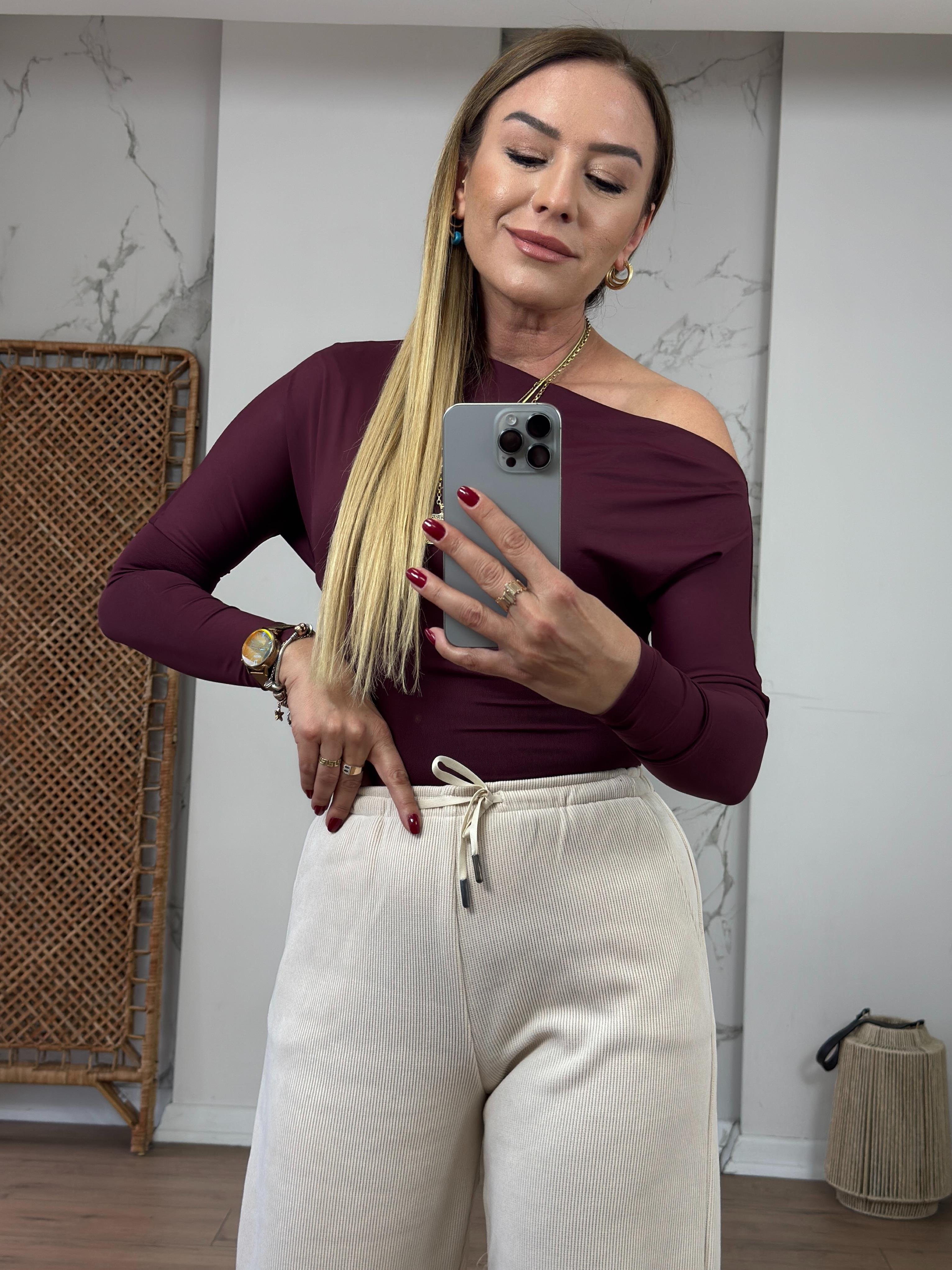 Asimetrik Uzun Kollu Body BORDO