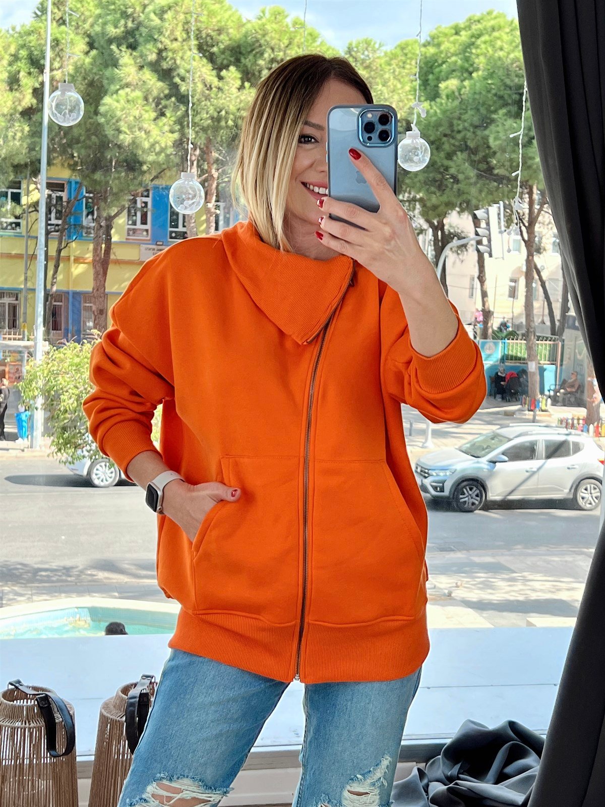 Asimetrik Yaka Detaylı Ceket Turuncu