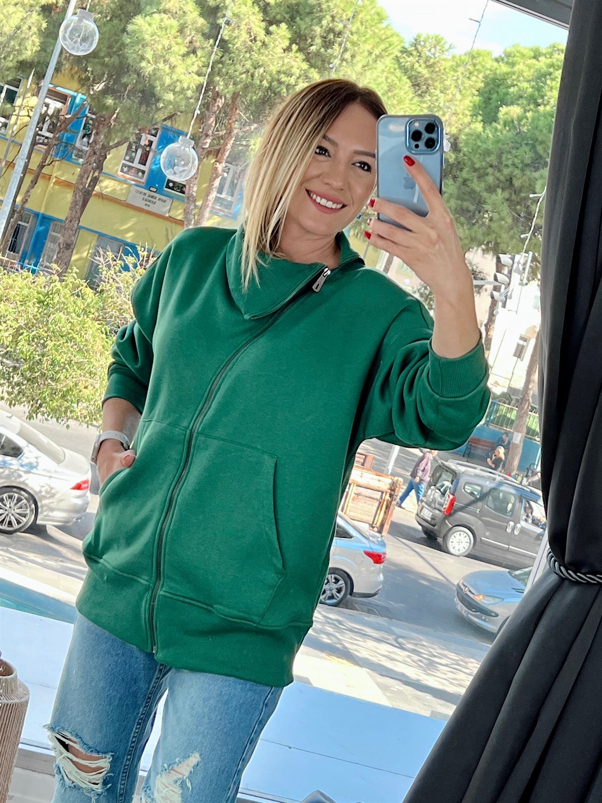 Asimetrik Yaka Detaylı Ceket Yeşil