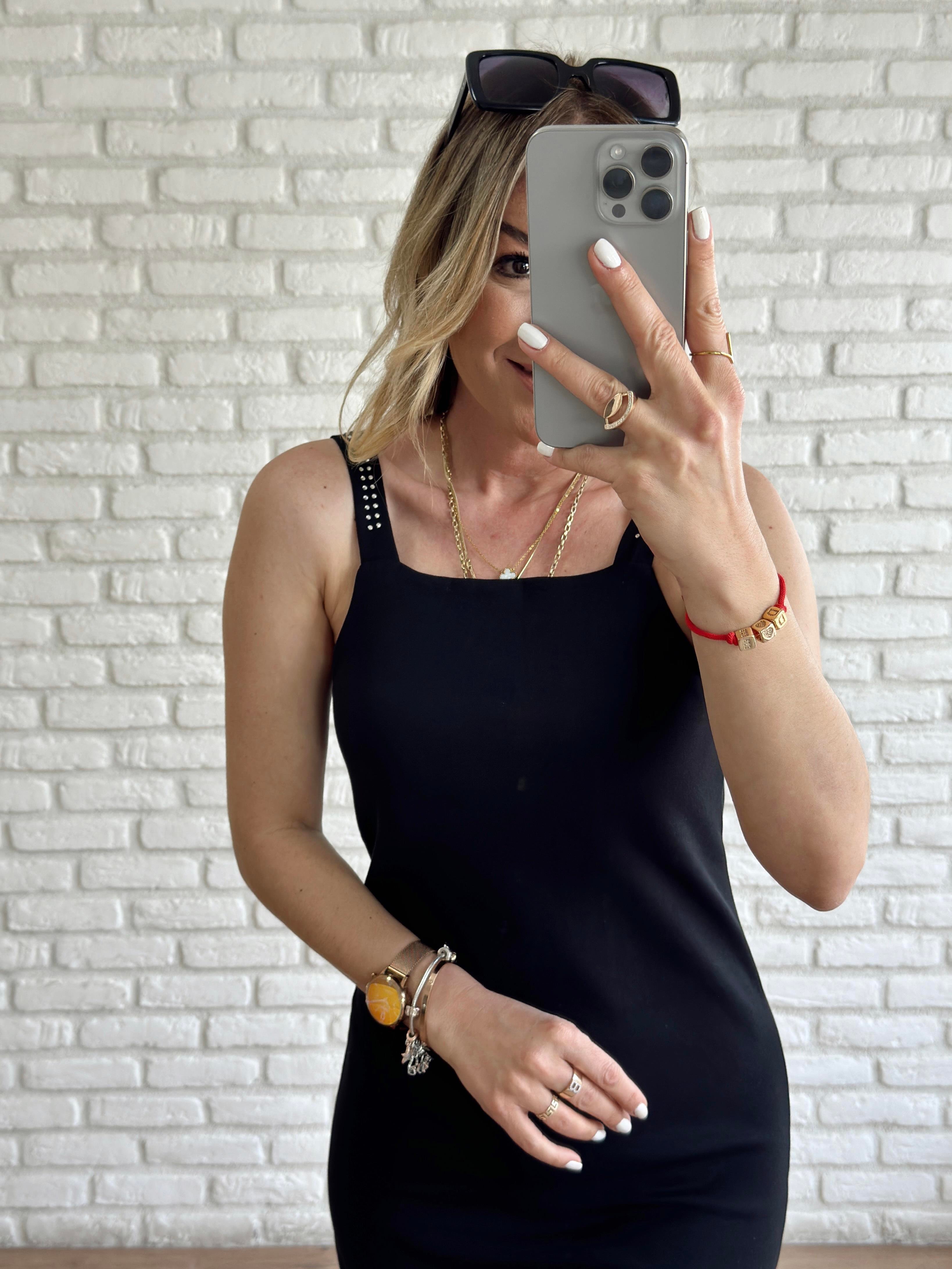 Askıları Taş Detaylı Çelik Kumaş Elbise SİYAH