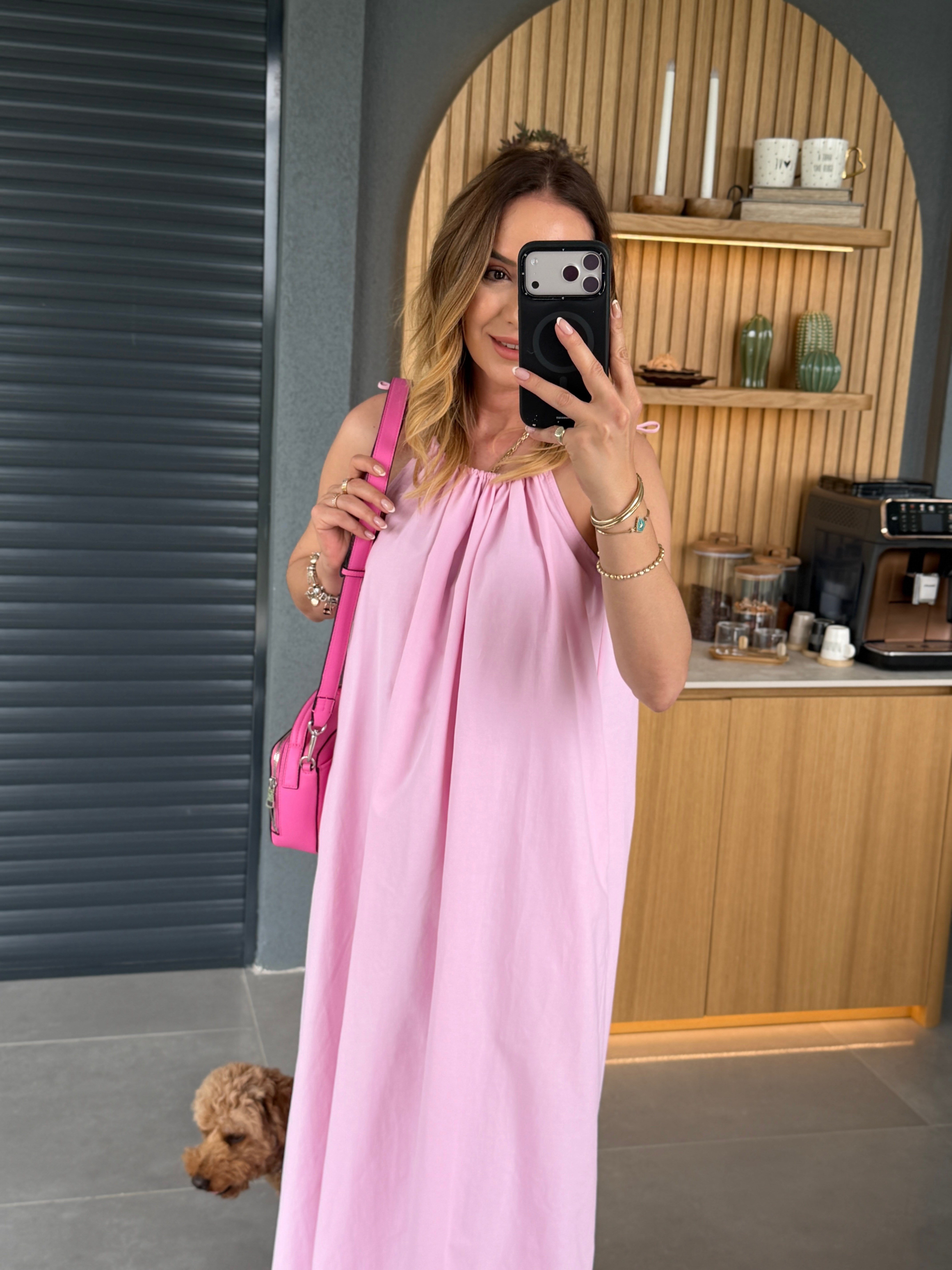 Askılı Cep Detaylı Elbise PEMBE