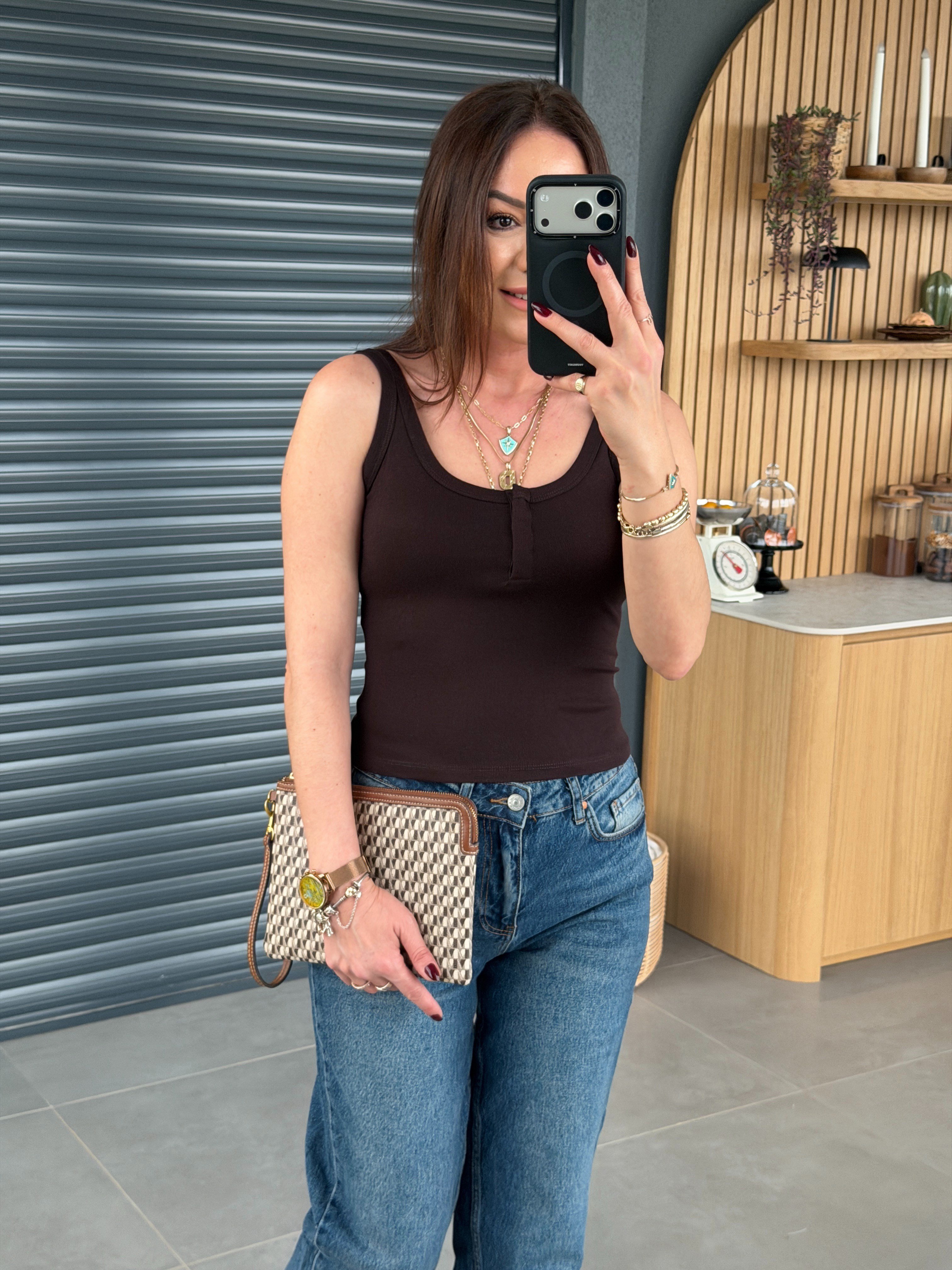 Askılı Çıtçıtlı Crop KOYU KAHVE