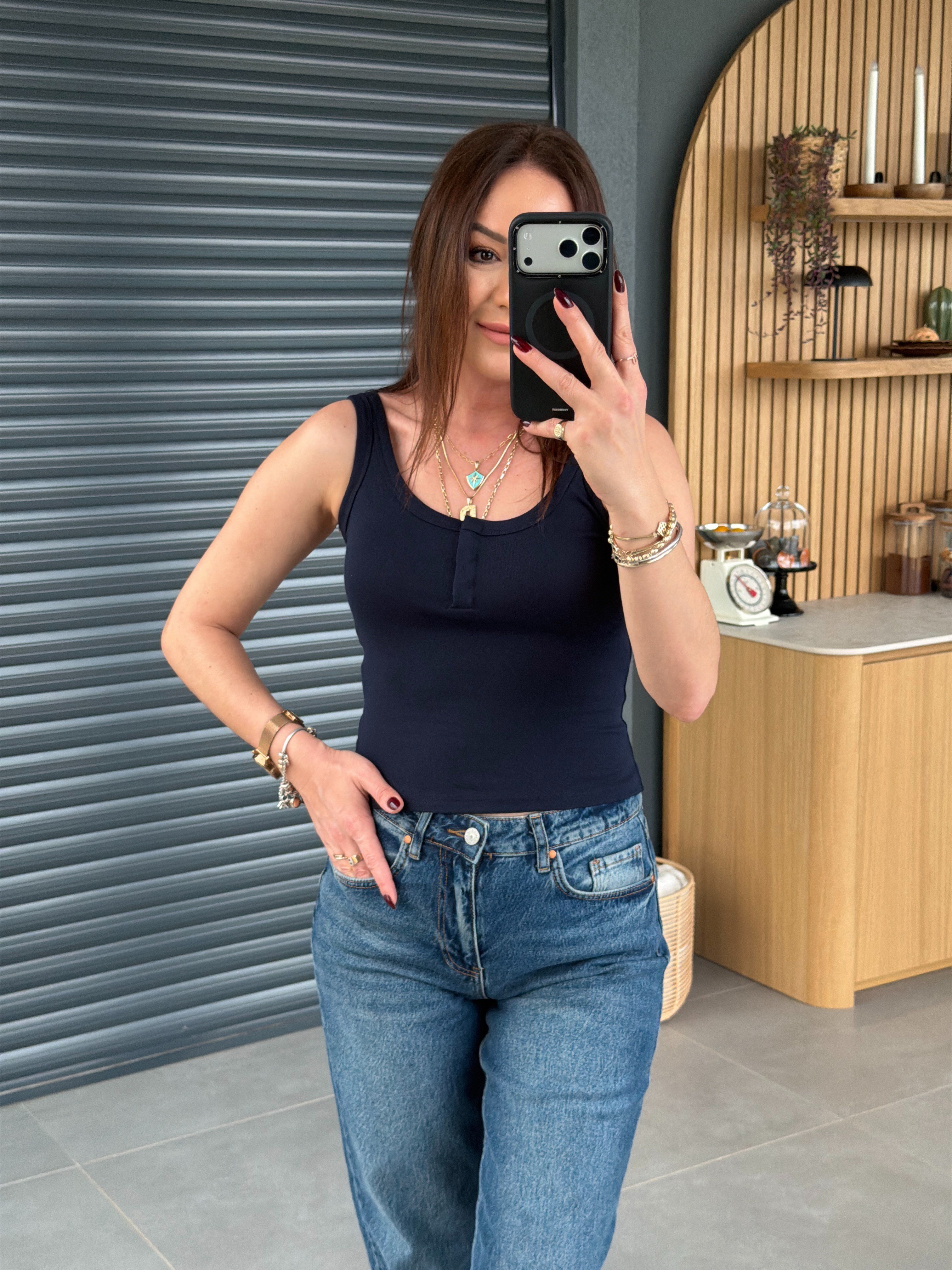 Askılı Çıtçıtlı Crop LACİVERT