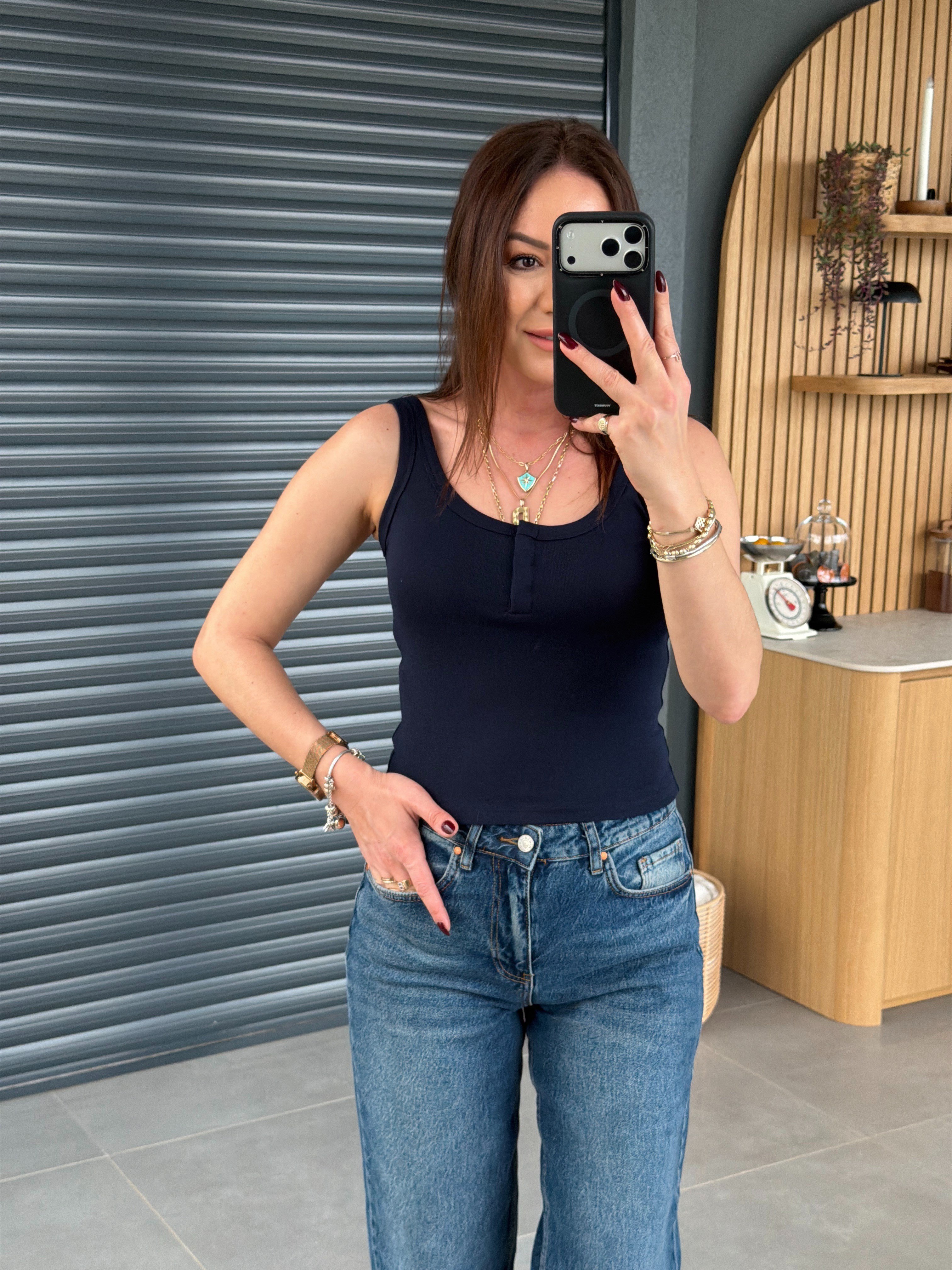 Askılı Çıtçıtlı Crop LACİVERT