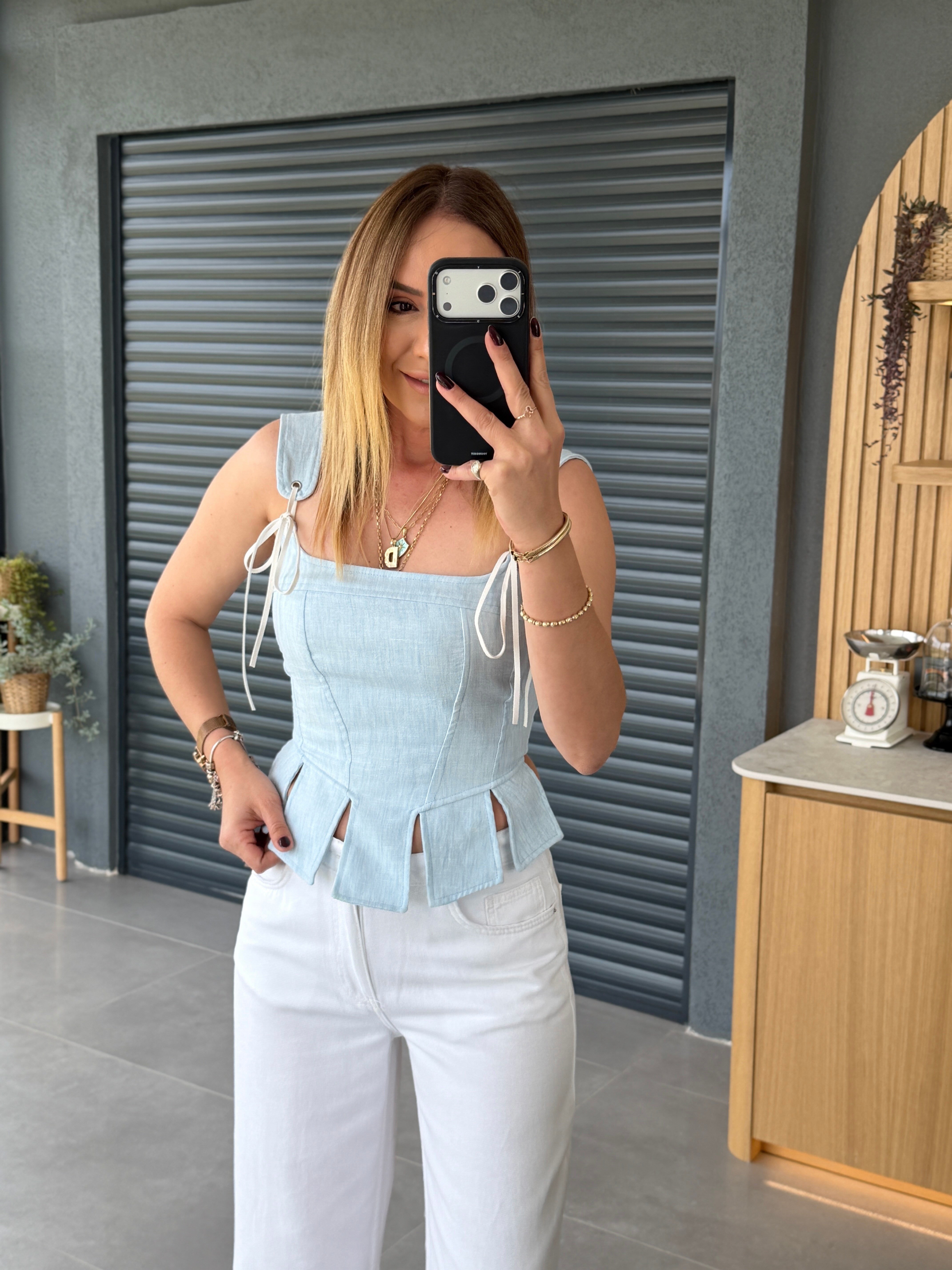 Askılı Korse Tasarım Bluz MAVİ