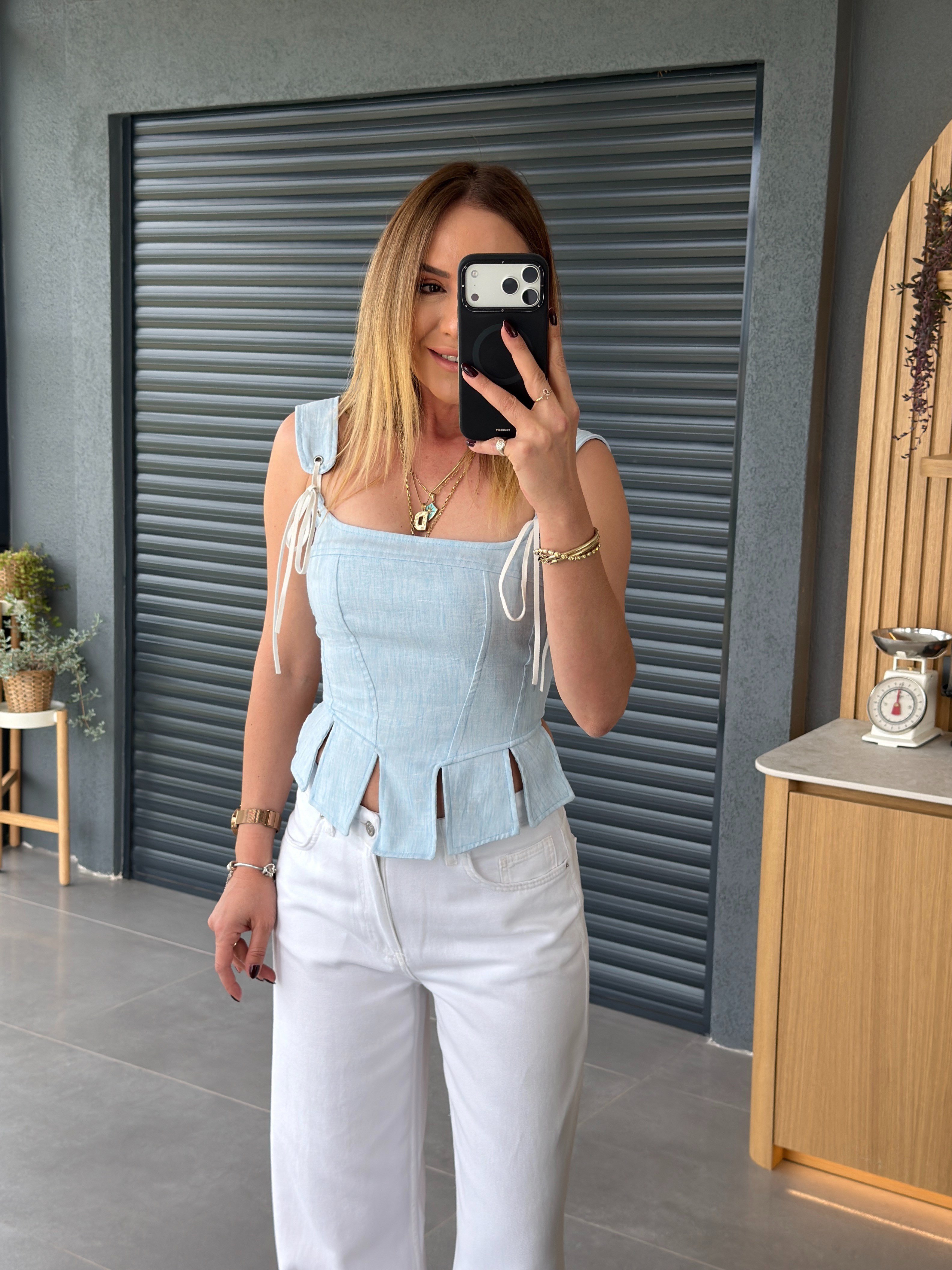 Askılı Korse Tasarım Bluz MAVİ
