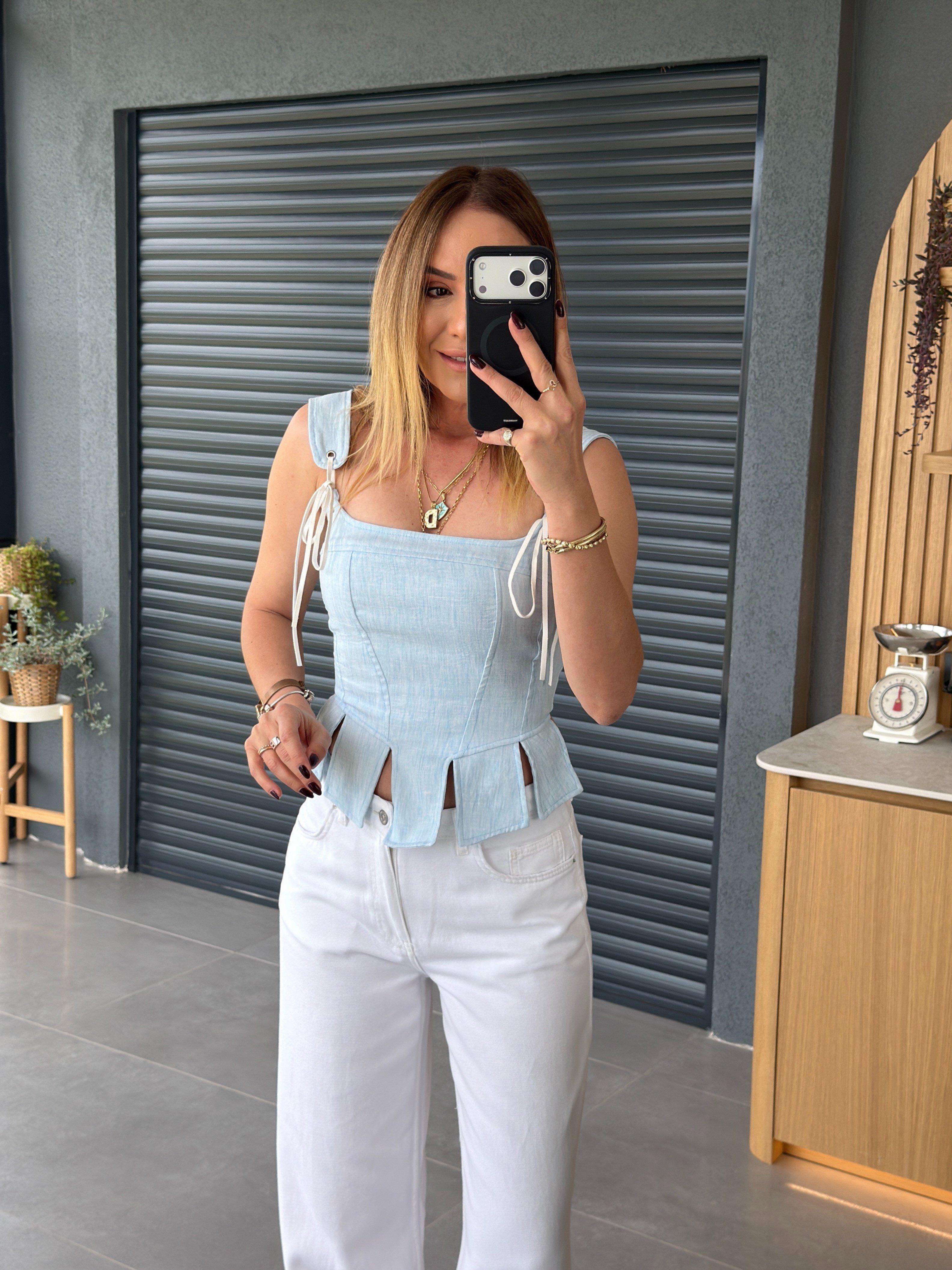 Askılı Korse Tasarım Bluz MAVİ