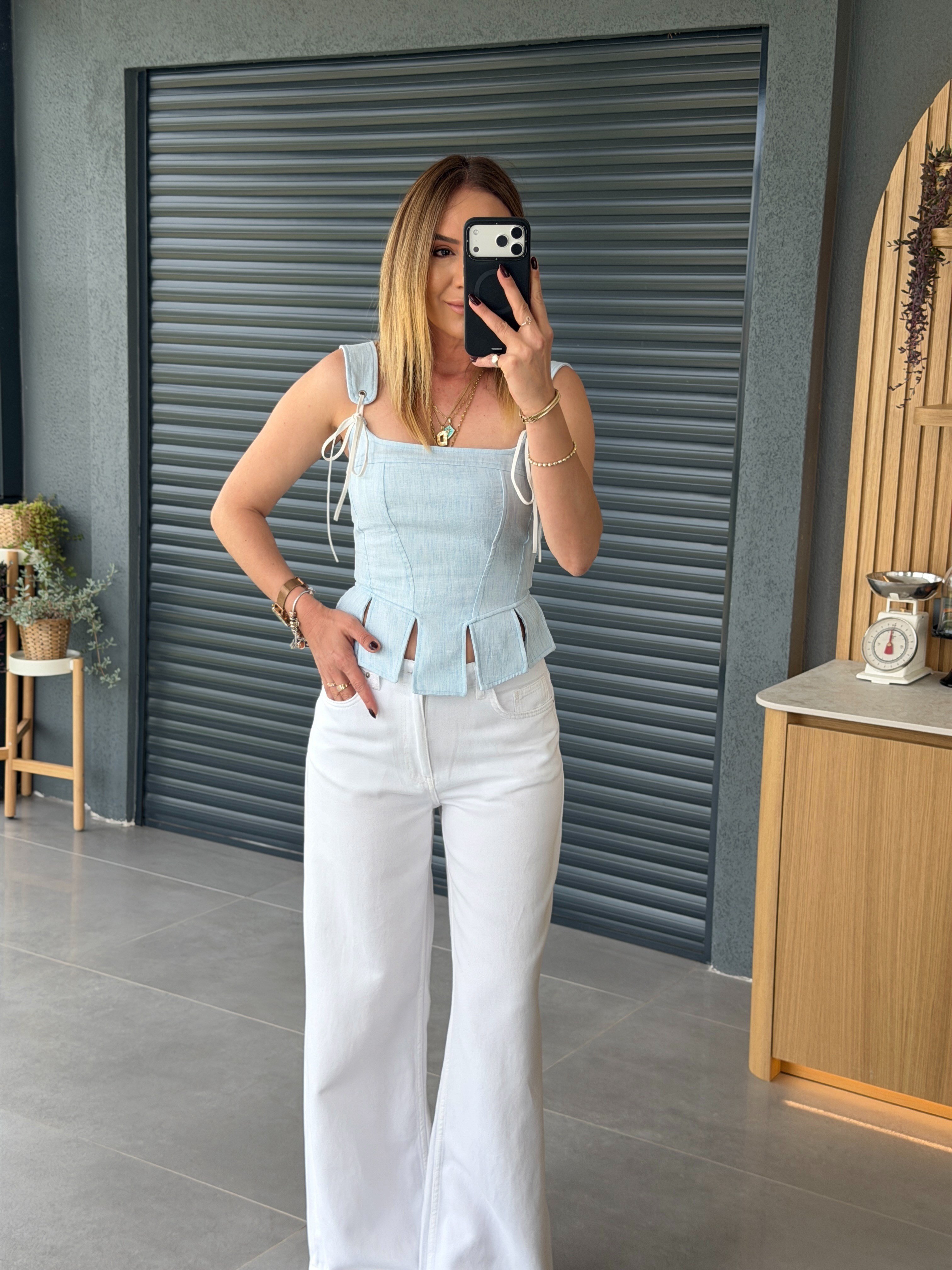 Askılı Korse Tasarım Bluz MAVİ
