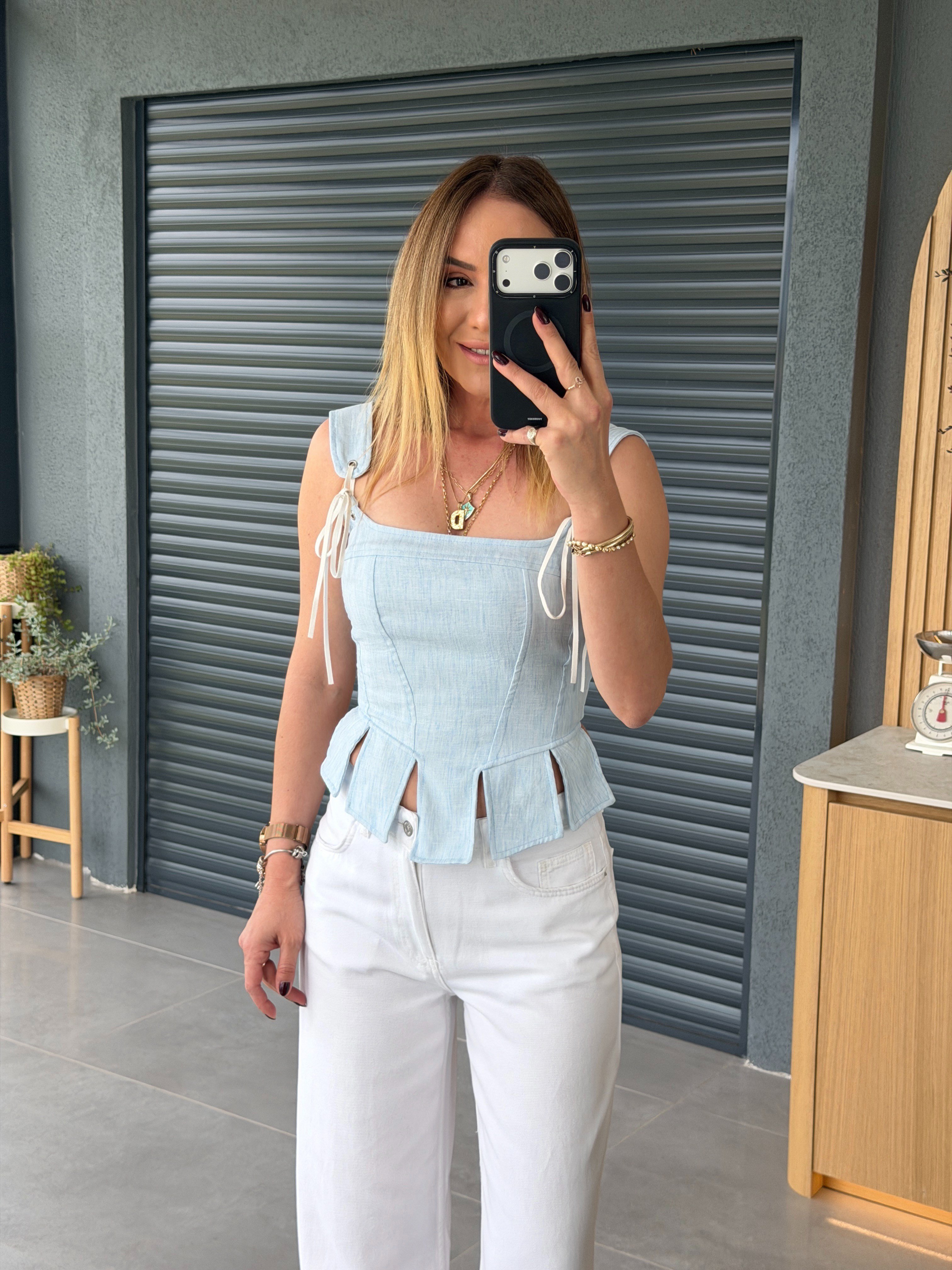 Askılı Korse Tasarım Bluz MAVİ