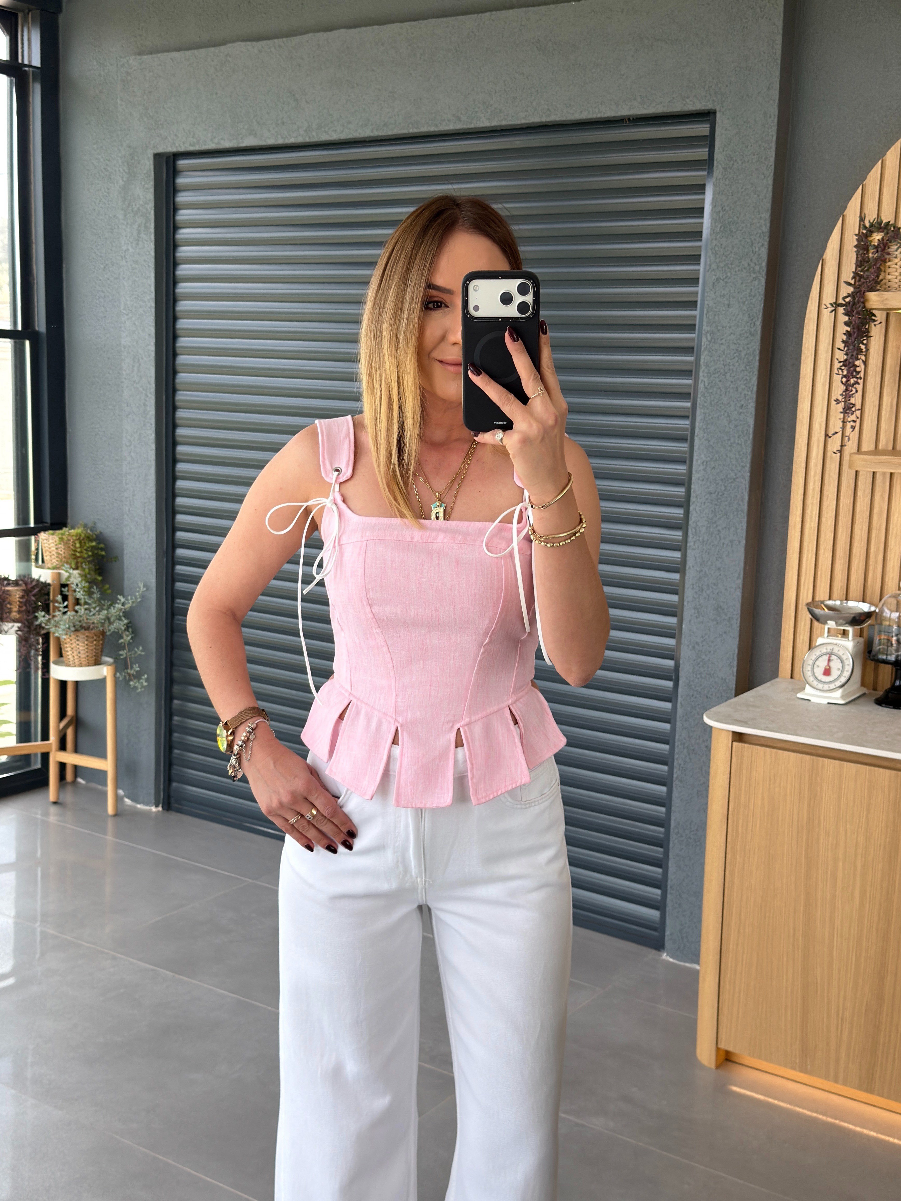 Askılı Korse Tasarım Bluz PEMBE