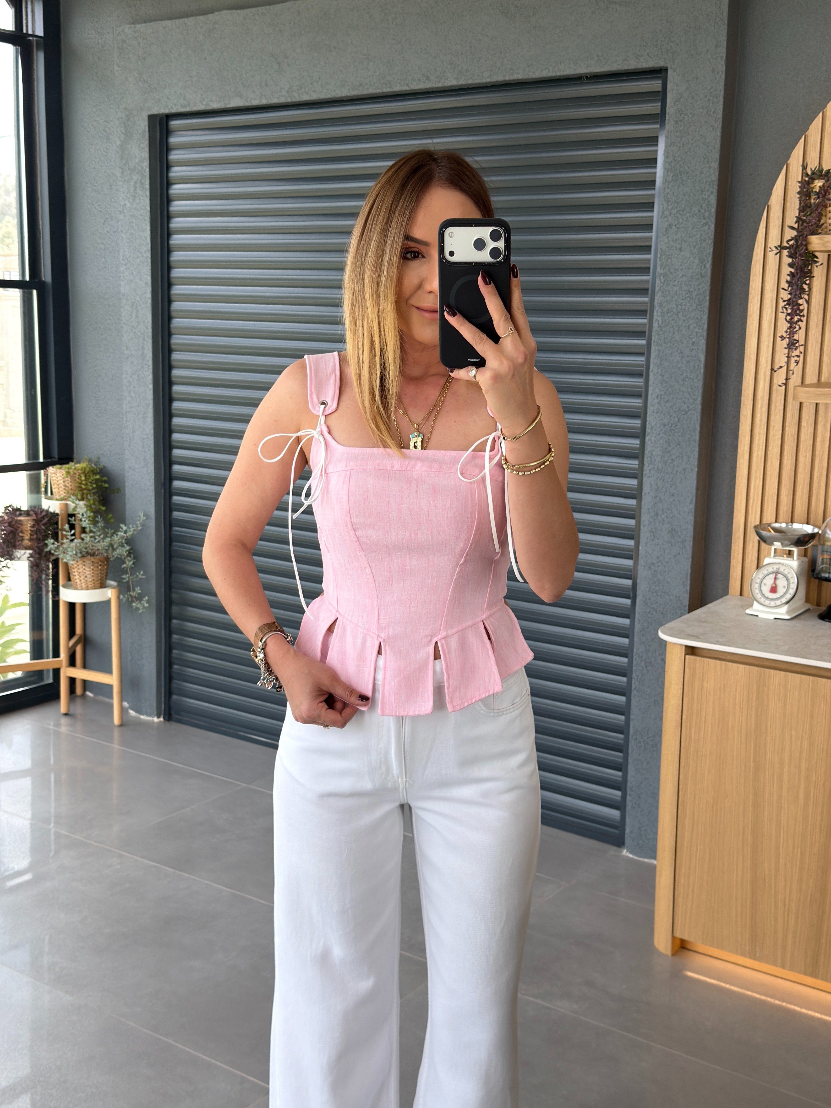 Askılı Korse Tasarım Bluz PEMBE