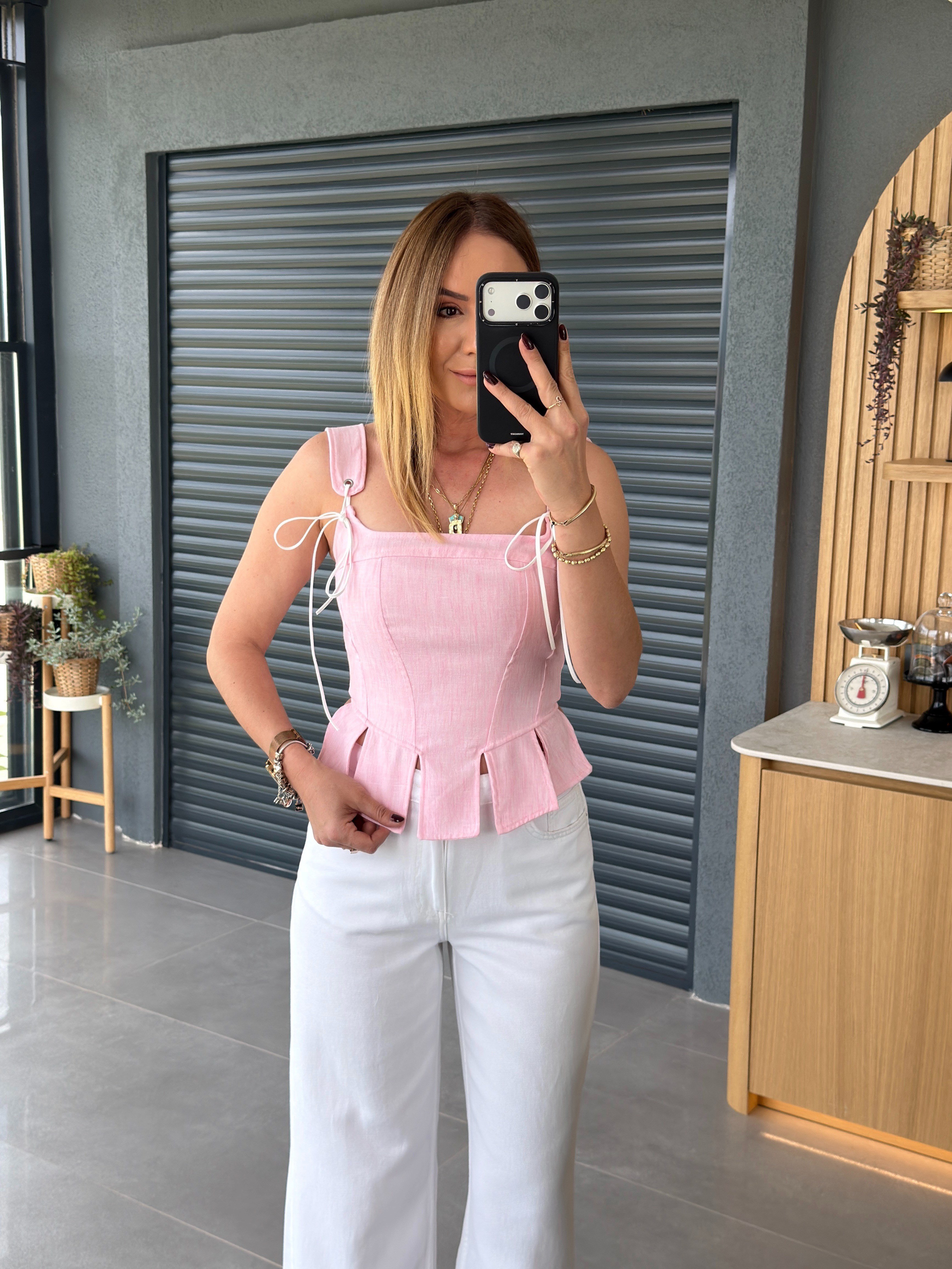 Askılı Korse Tasarım Bluz PEMBE