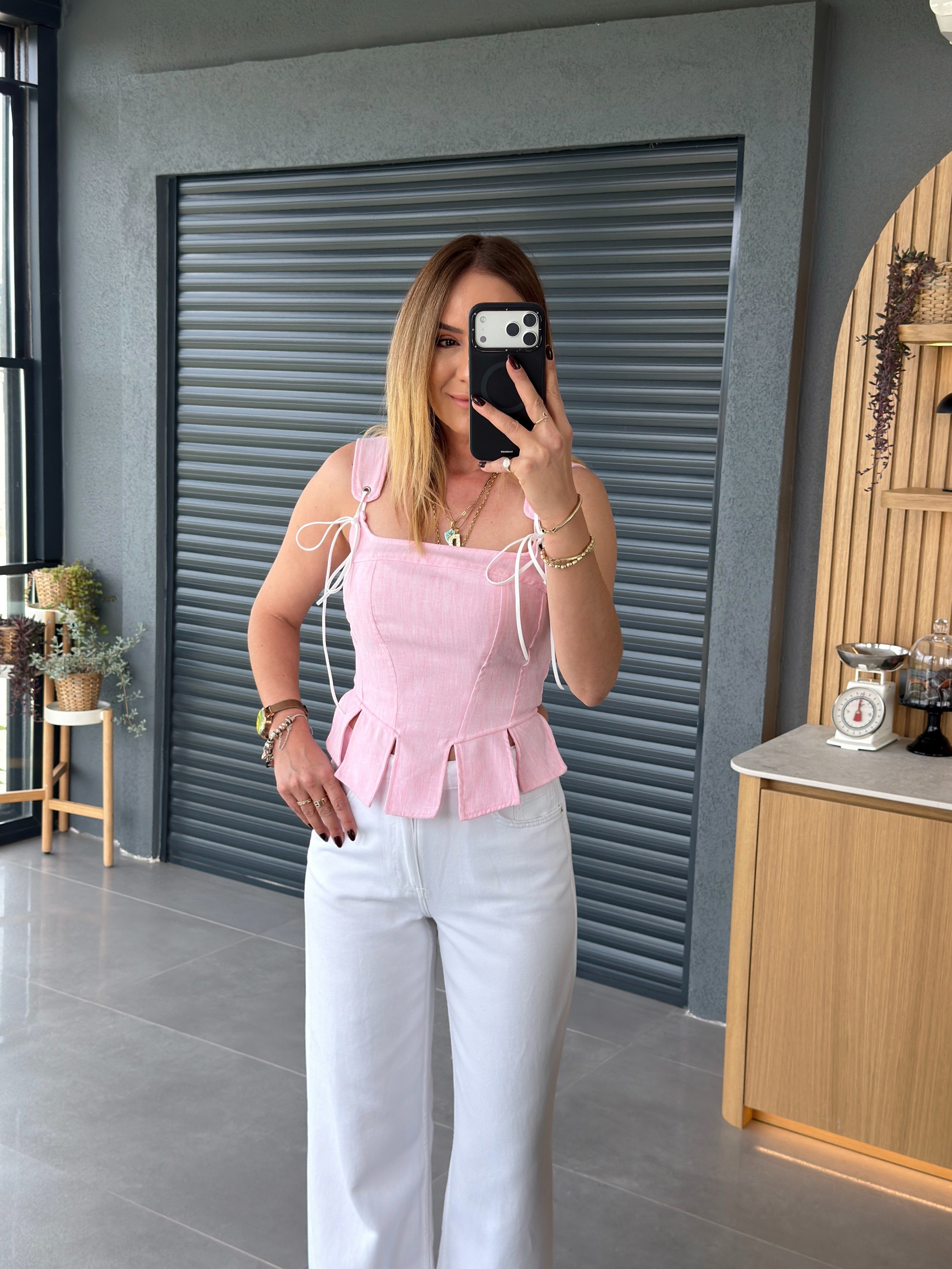 Askılı Korse Tasarım Bluz PEMBE