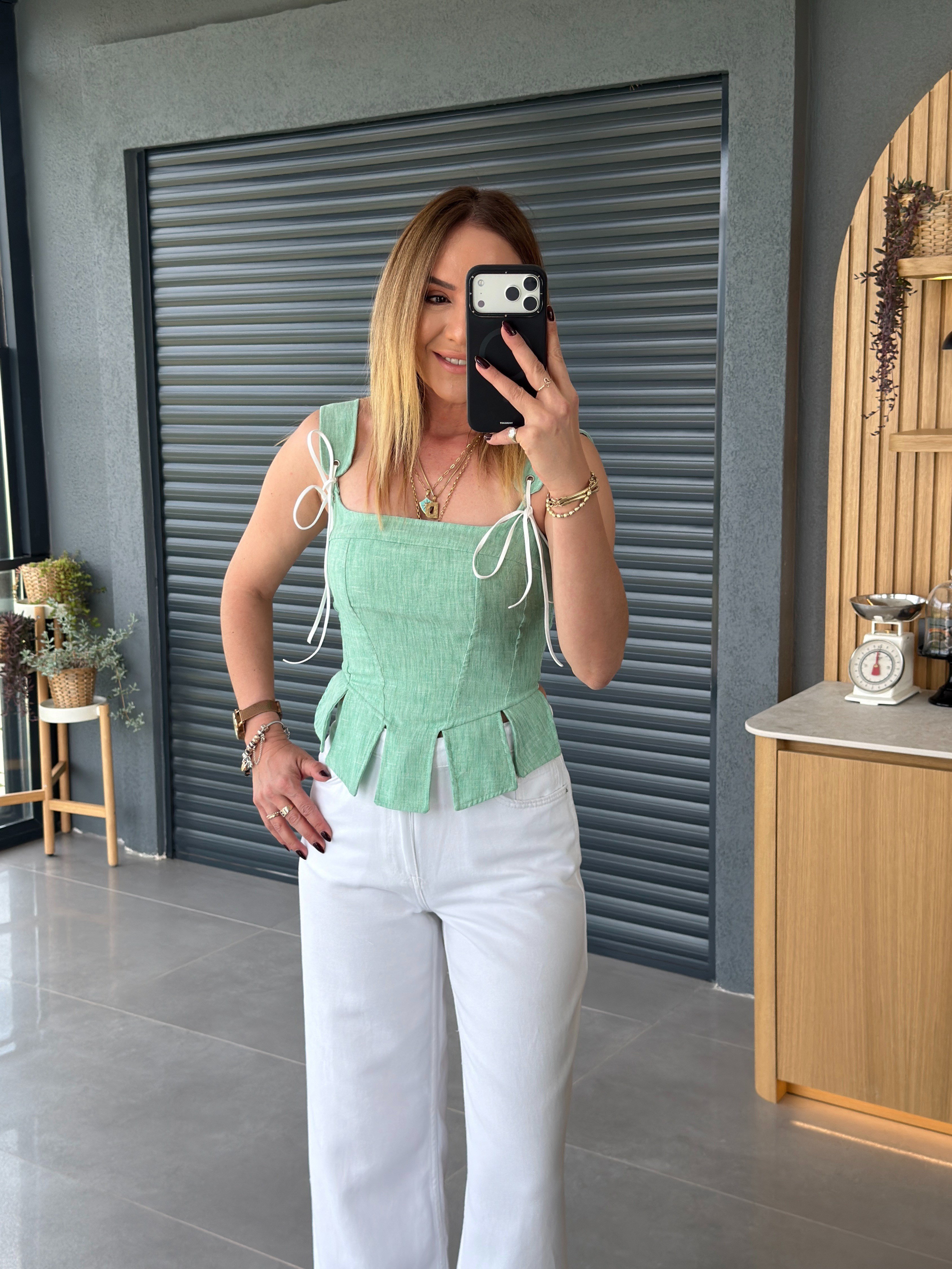 Askılı Korse Tasarım Bluz SU YEŞİLİ