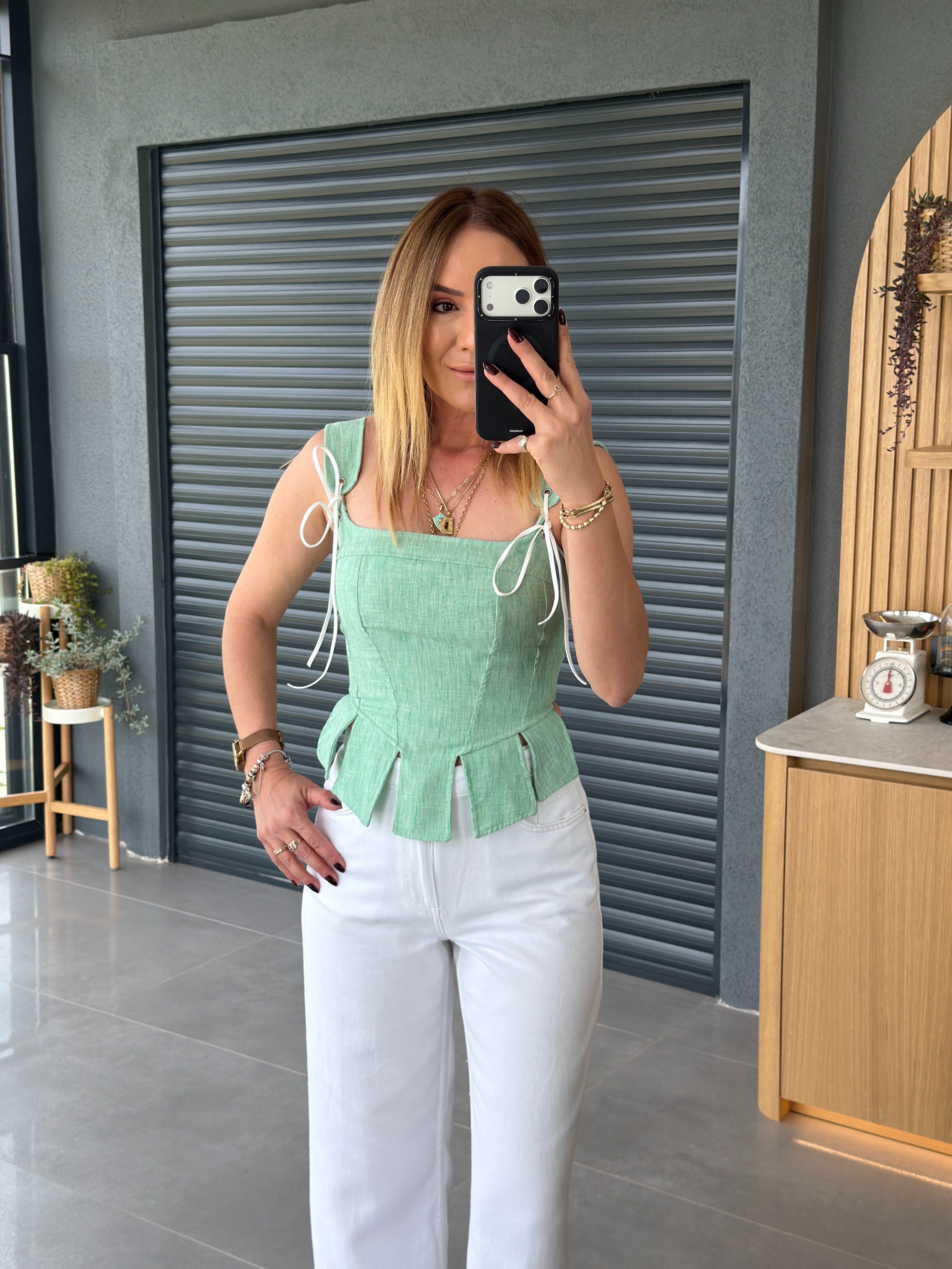Askılı Korse Tasarım Bluz SU YEŞİLİ
