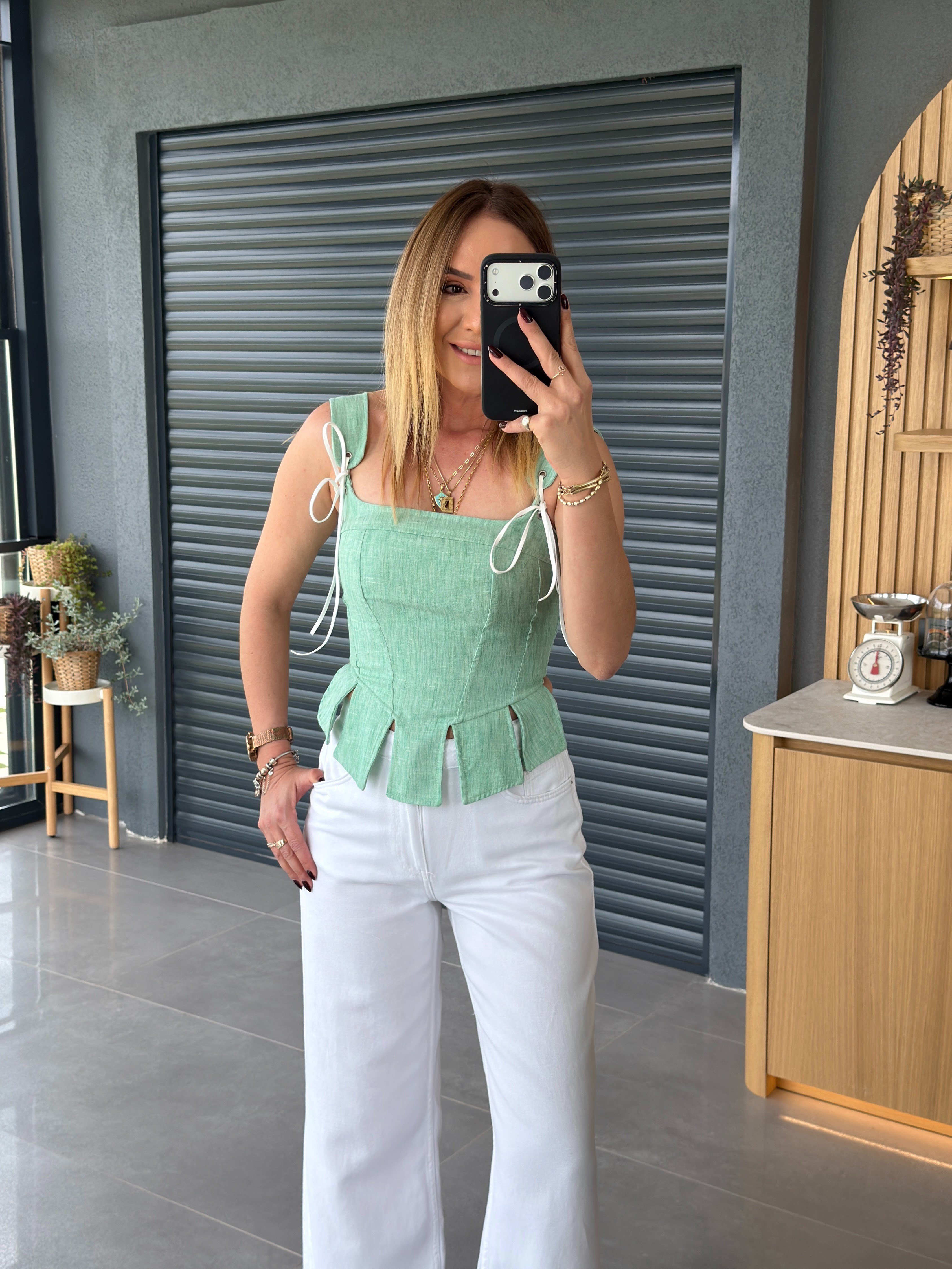 Askılı Korse Tasarım Bluz SU YEŞİLİ