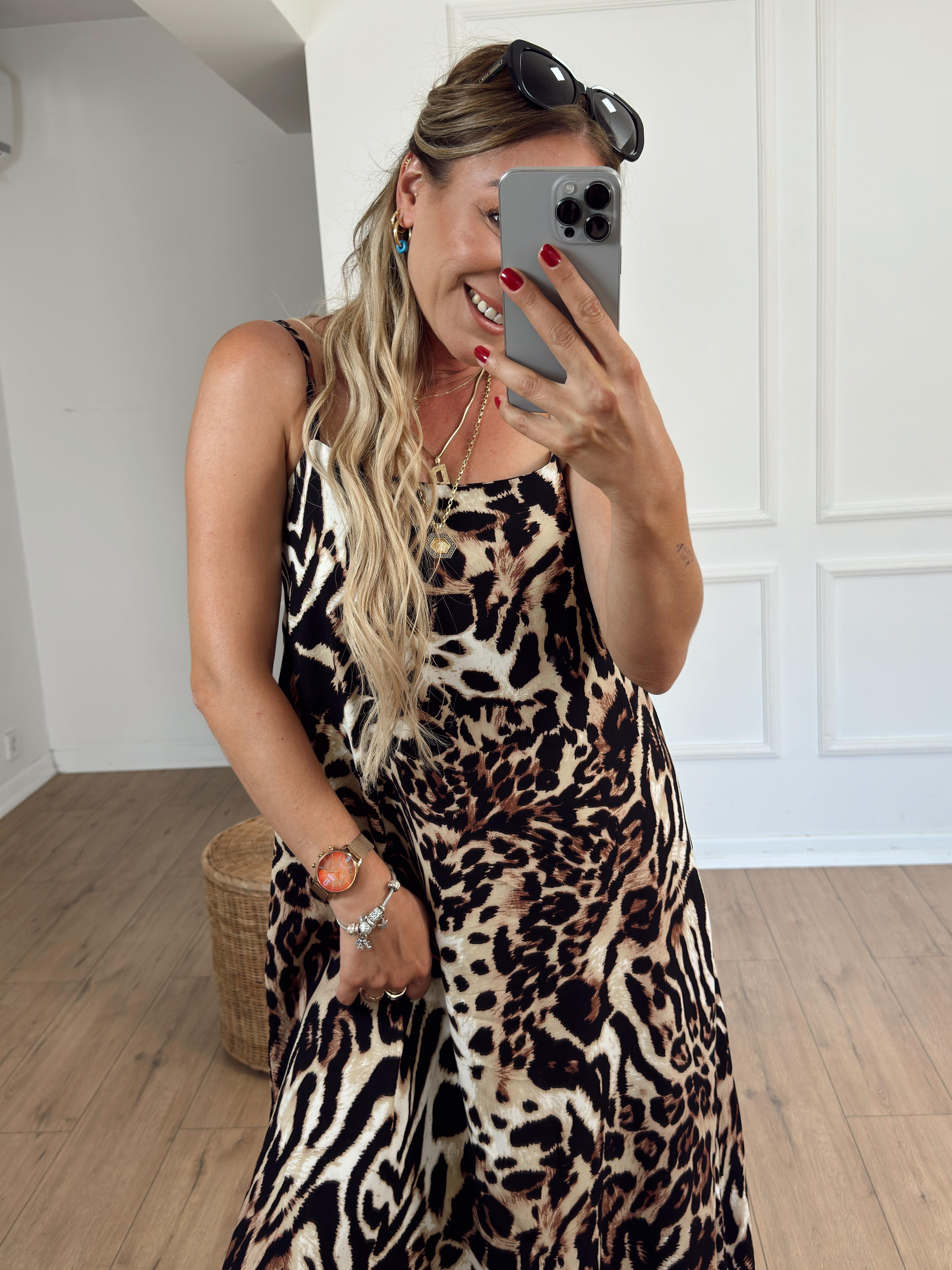 Askılı Leopar Desen Elbise KAHVE