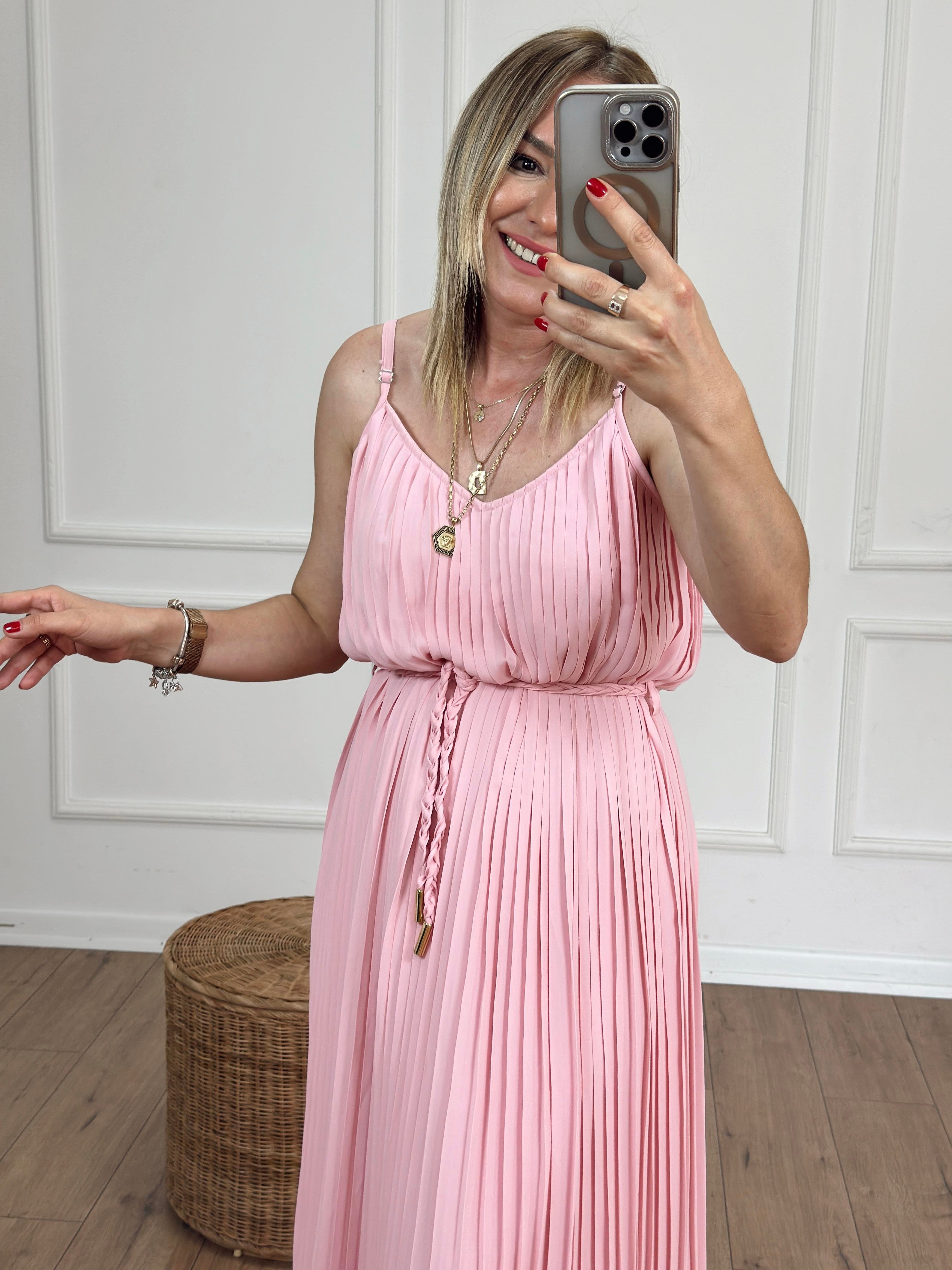 Askılı Piliseli Elbise PEMBE