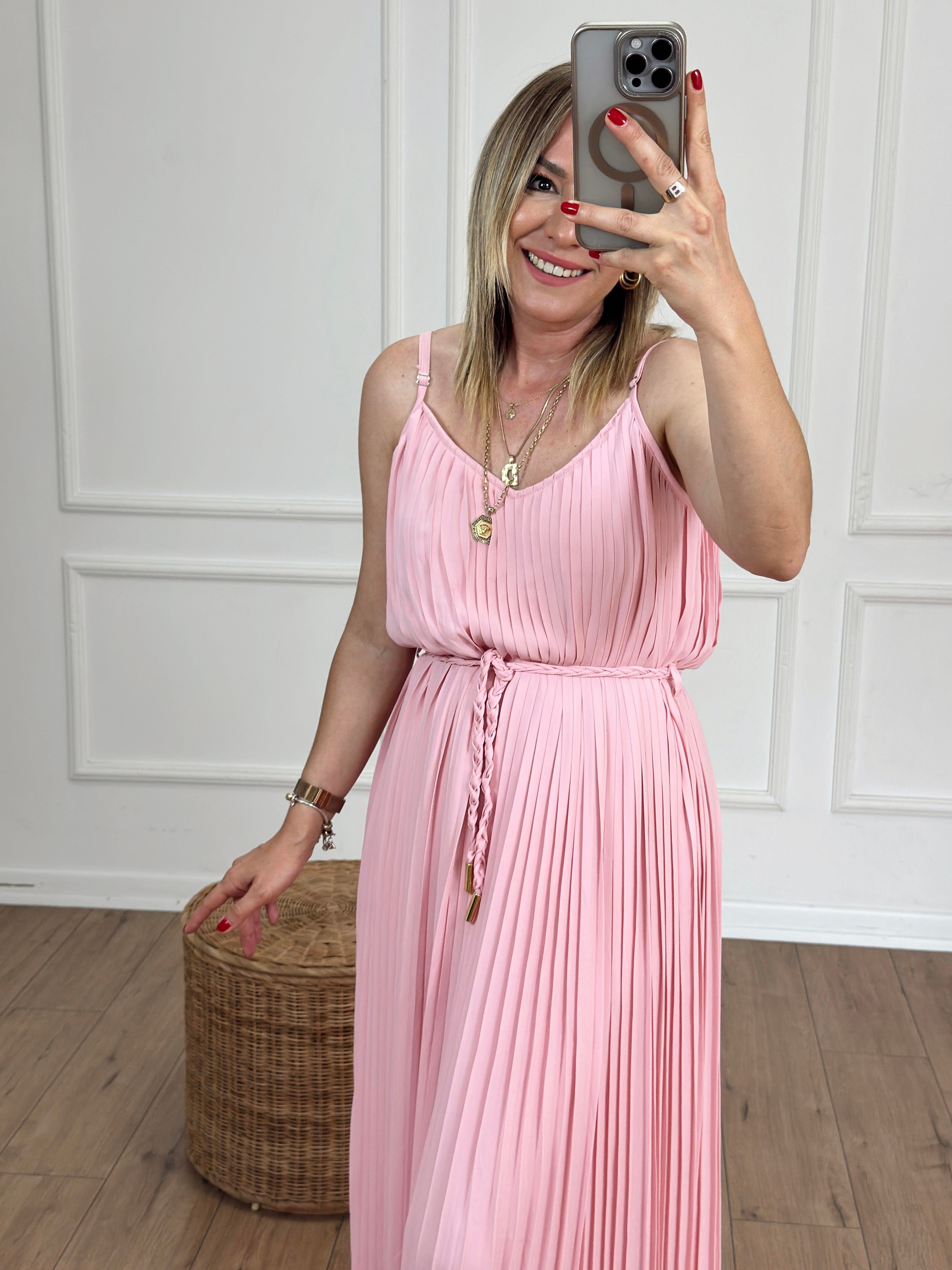 Askılı Piliseli Elbise PEMBE