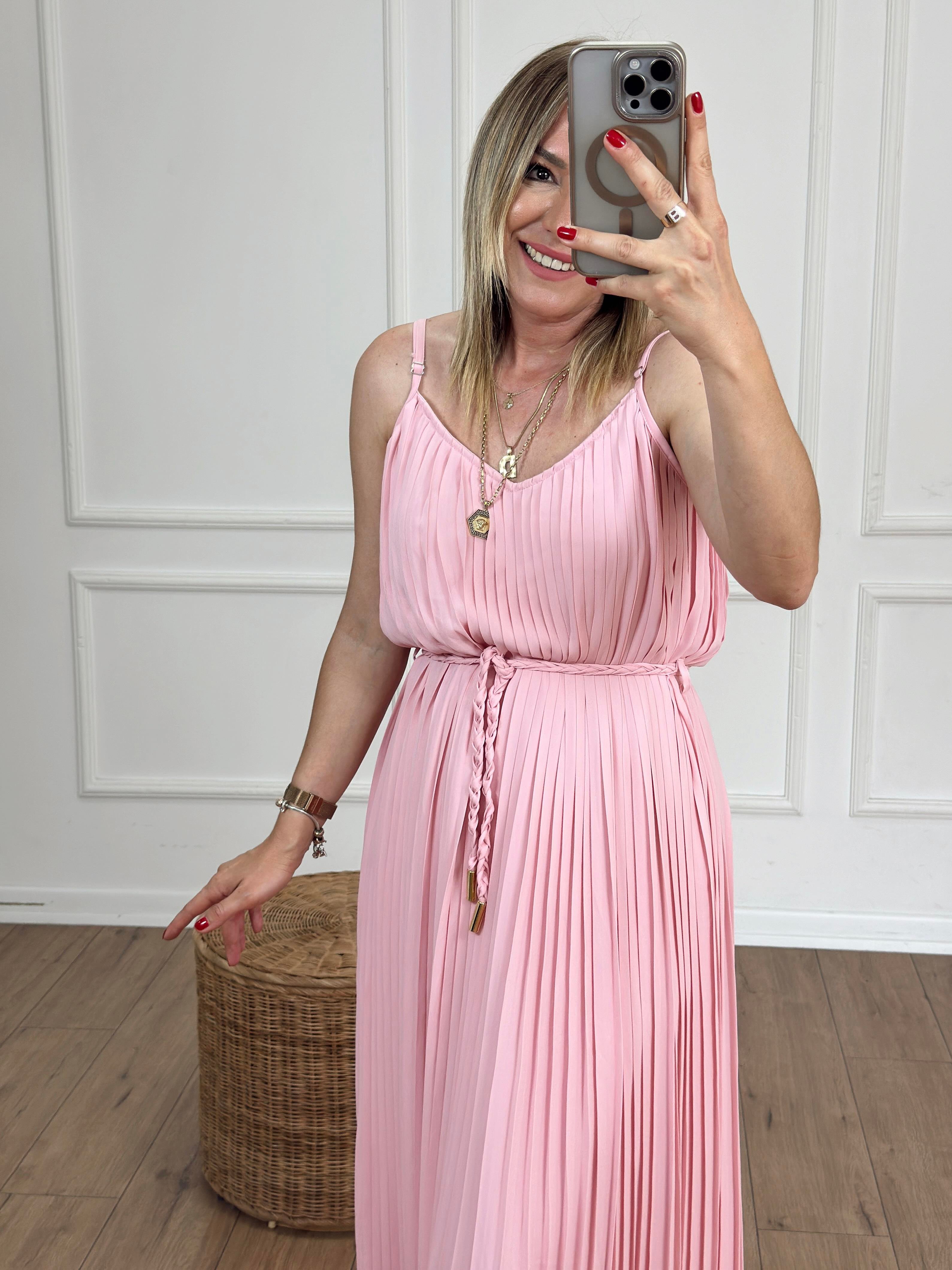 Askılı Piliseli Elbise PEMBE