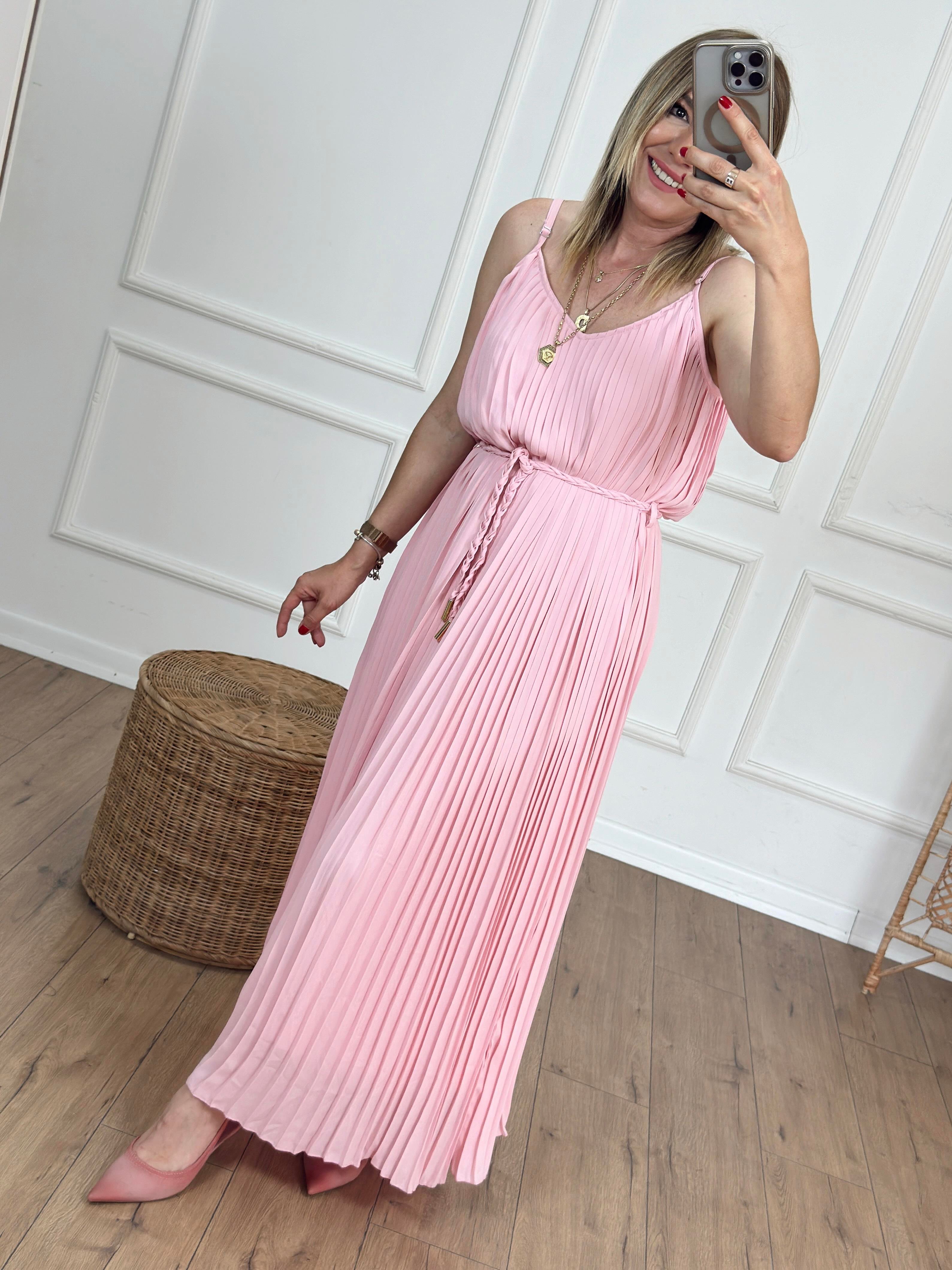 Askılı Piliseli Elbise PEMBE