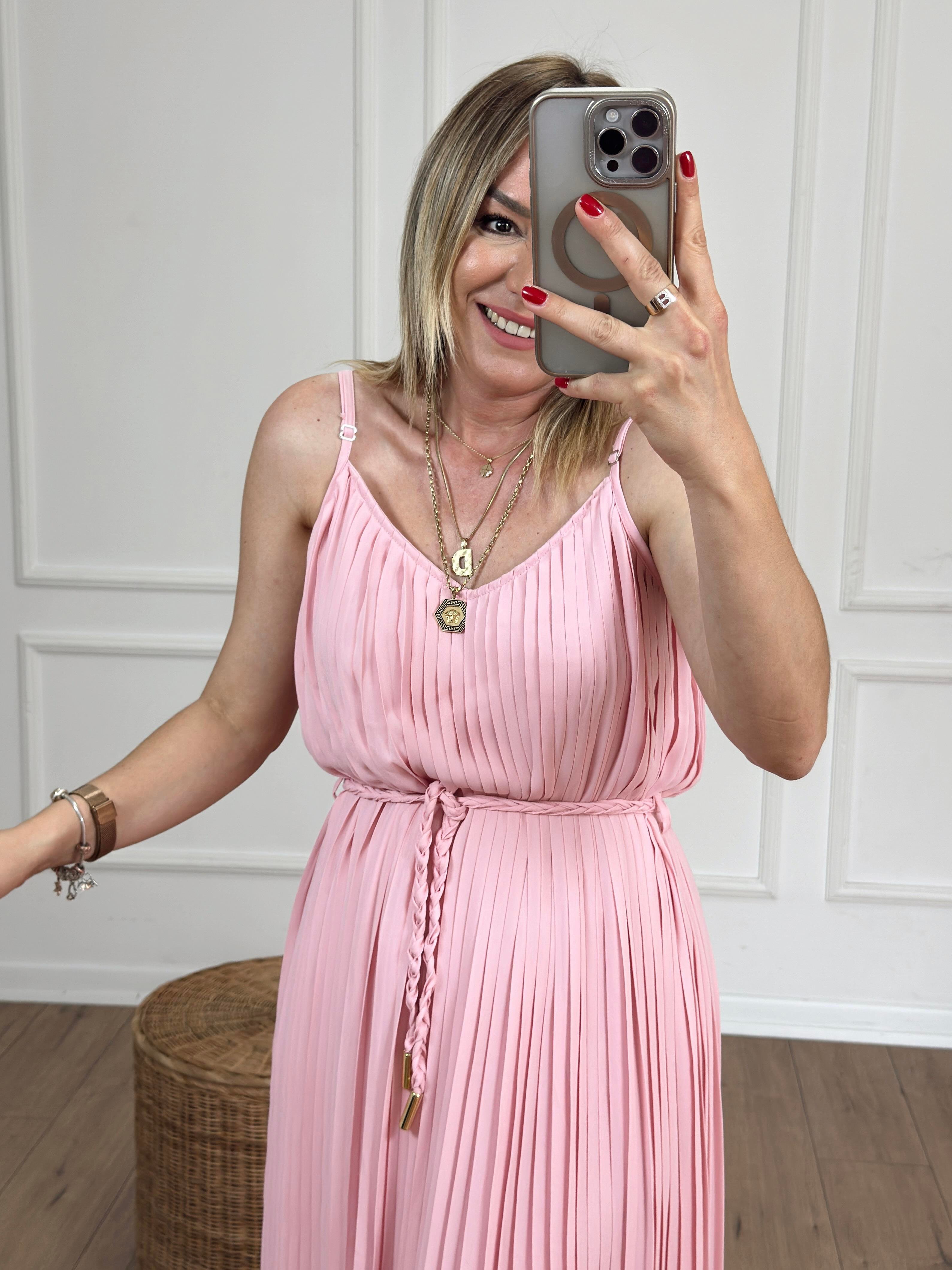 Askılı Piliseli Elbise PEMBE
