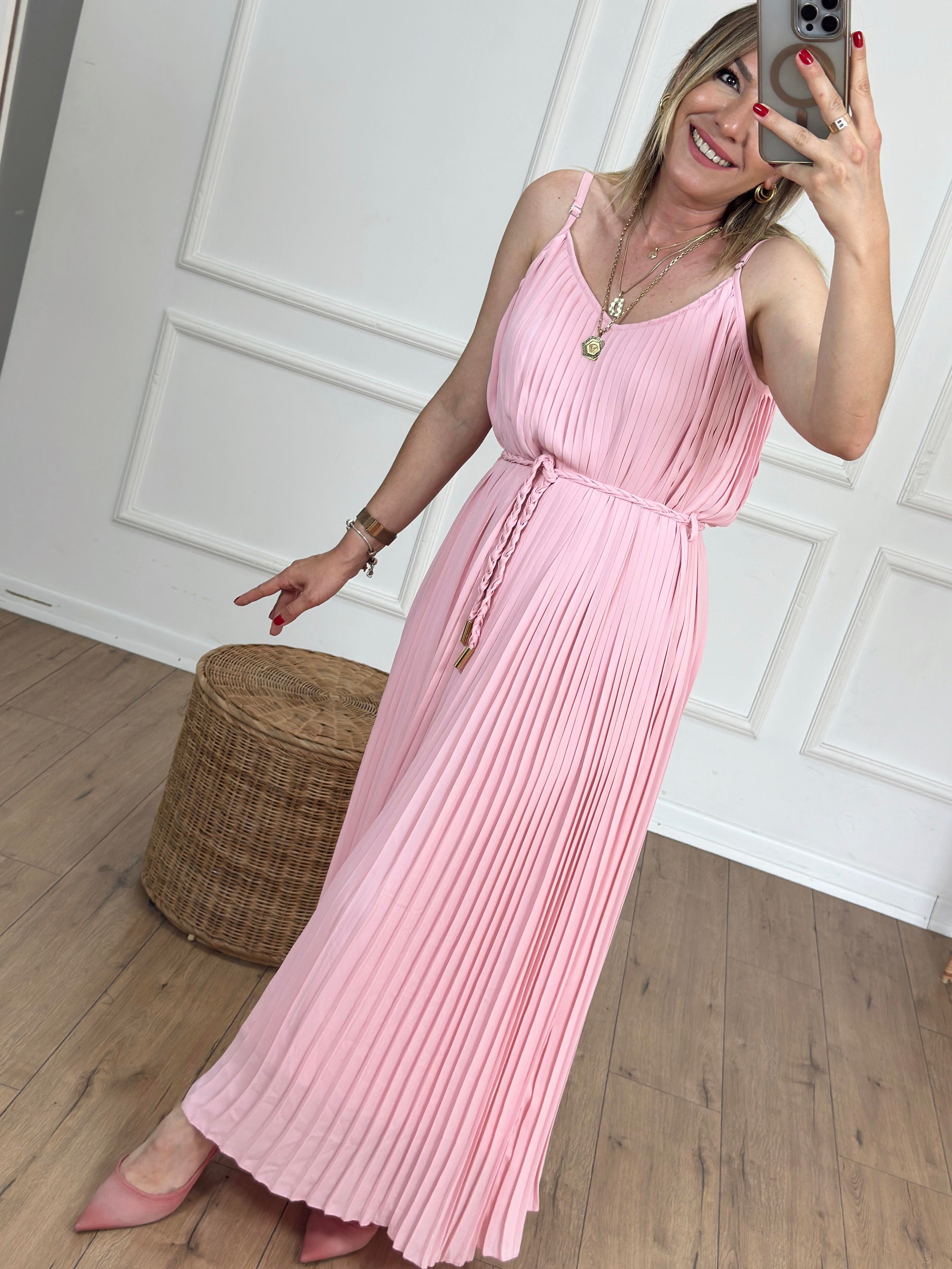 Askılı Piliseli Elbise PEMBE