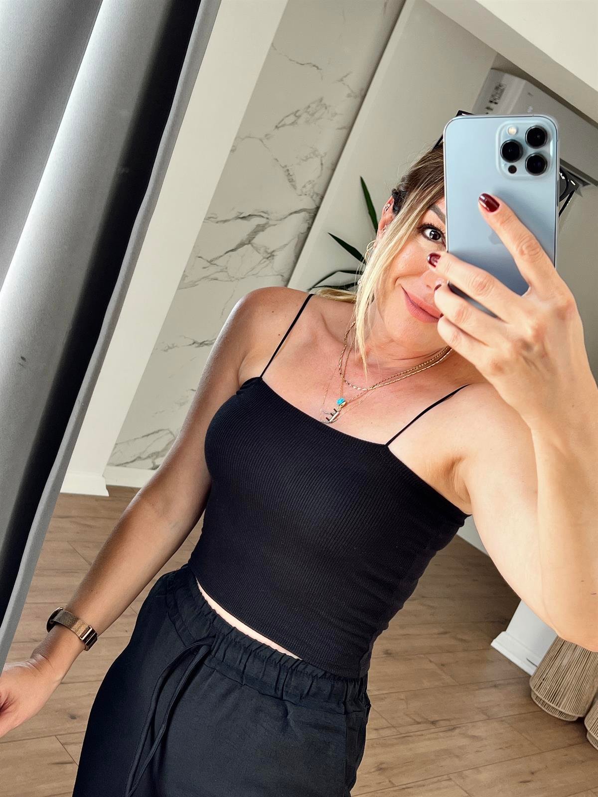 Askılı Ribana Penye Crop SİYAH