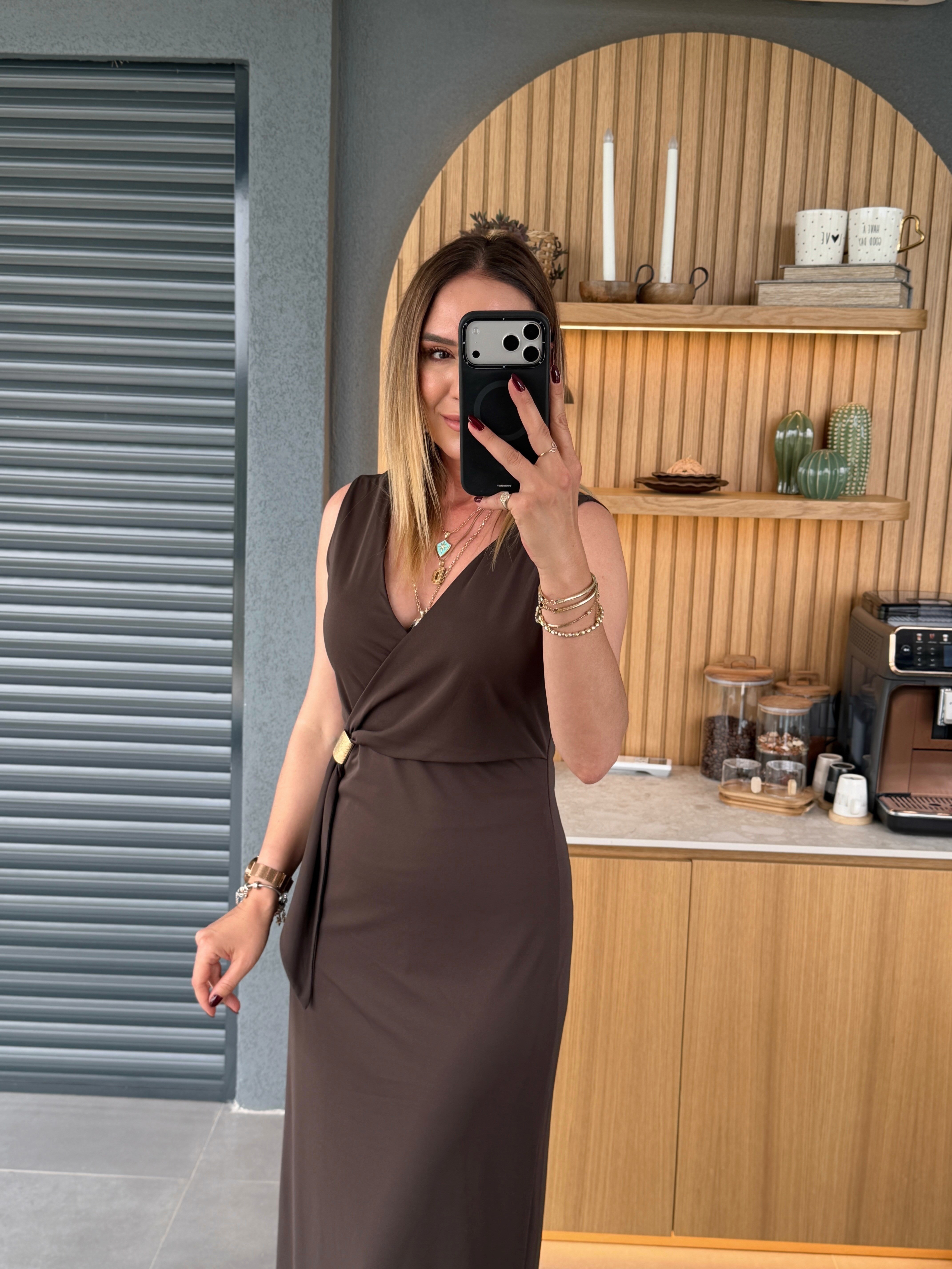 Askılı Tokalı Elbise KOYU KAHVE