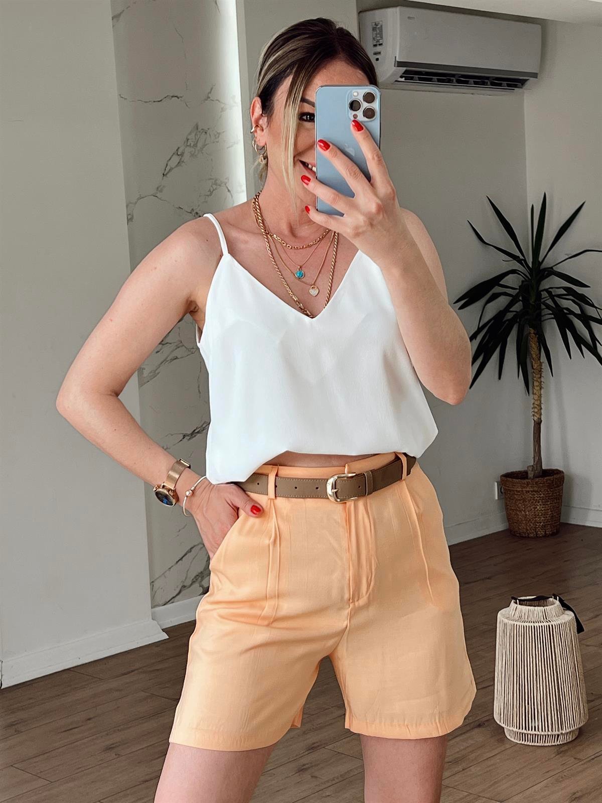 Askılı V Yaka Bluz EKRU