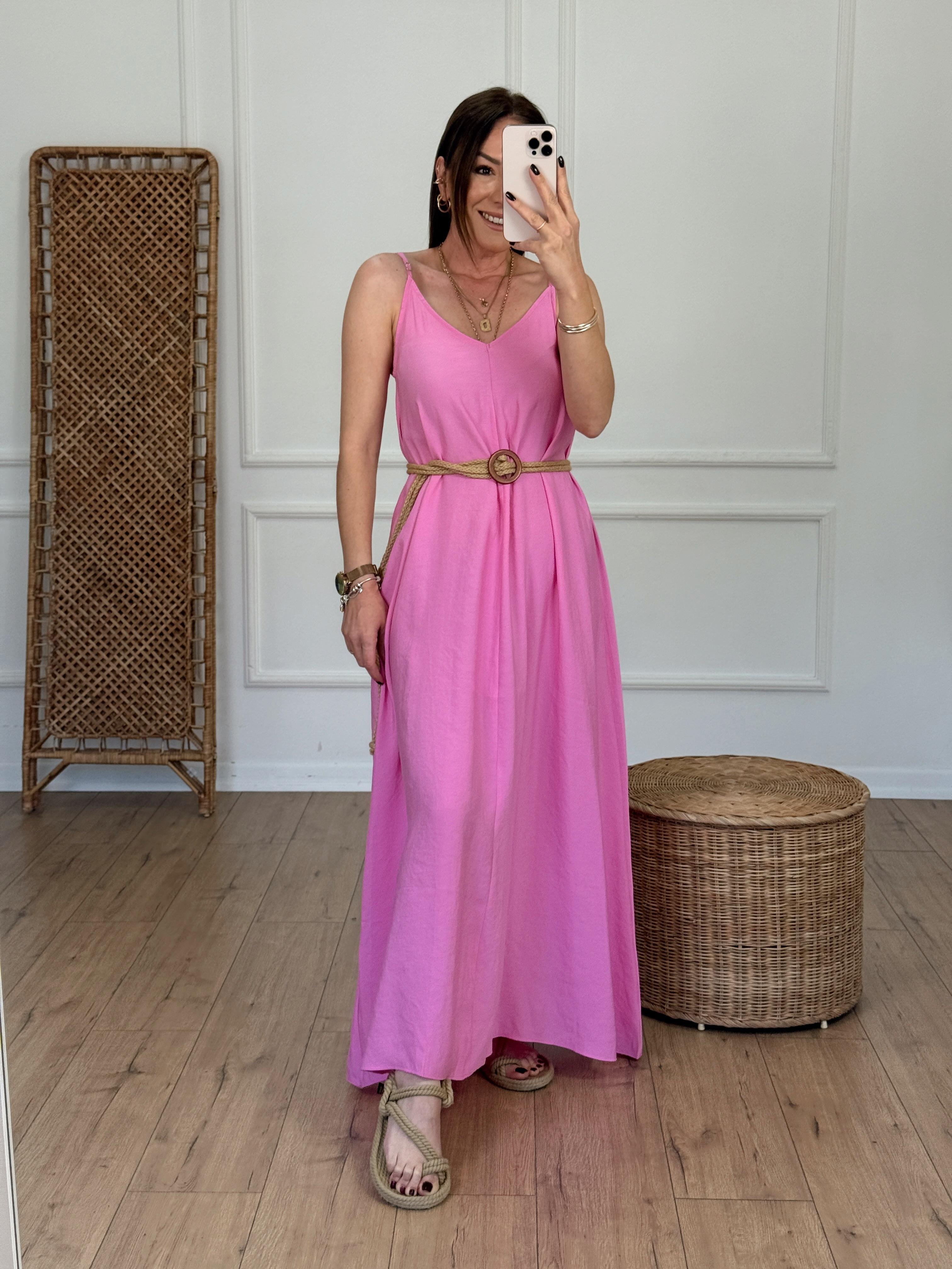 Askılı V Yaka Elbise PEMBE