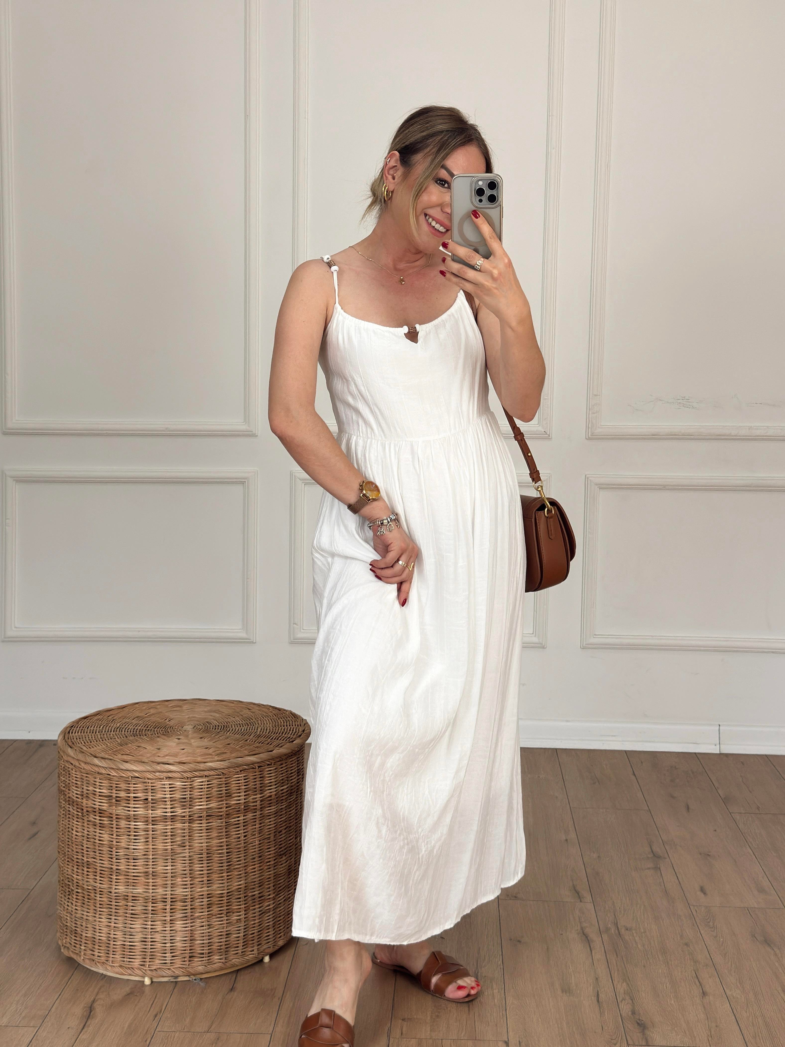 Askısı Boncuklu Elbise EKRU